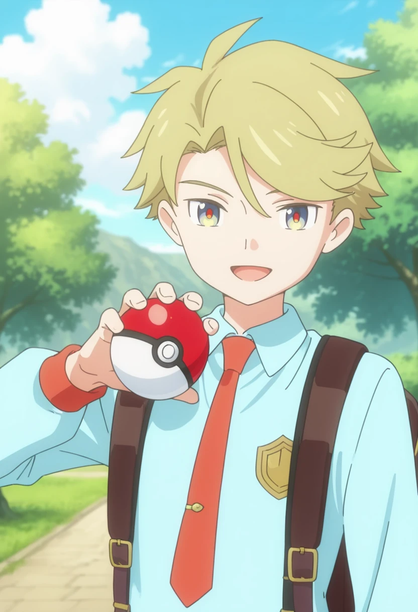 masterpiece, best quality,
 yuto, blonde hair, multicolored eyes, 1boy, poke ball, holding, male focus, poke ball (basic), necktie, holding poke ball, solo, shirt, smile, outdoors, open mouth, collared shirt, sky, day, :d, orange necktie, long sleeves, bangs, upper body, looking at viewer, hand up, blue shirt, cloud, , short hair, orange necktie, tree, blue sky