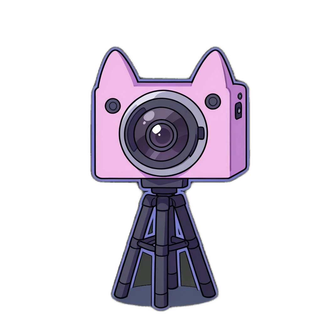 no humans,
no shadows, cartoon look, outline,
no humans,cute style, joyful atmosphere,
object, transparent background,
tripod with camera with kitty design