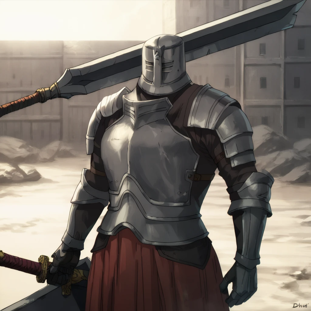 score_9, score_8_up, score_7_up, score_6_up, score_5_up, score_4_up, highres, incredibly absurdres, highly detailed, dim lighting, outdoors, ambiguous gender, solo, dsbit, helmet, black helmet, armor, black armor, breastplate, black breastplate, Pauldrons, black Pauldrons, Cuirass, black Cuirass, Gauntlets, black Gauntlets, tunic under armor, sword, holding sword, shield, holding shield,  <lora:Black_Iron_Tarkus_pony:0.6> <lora:Fairy_Tail:1> fairy_tail