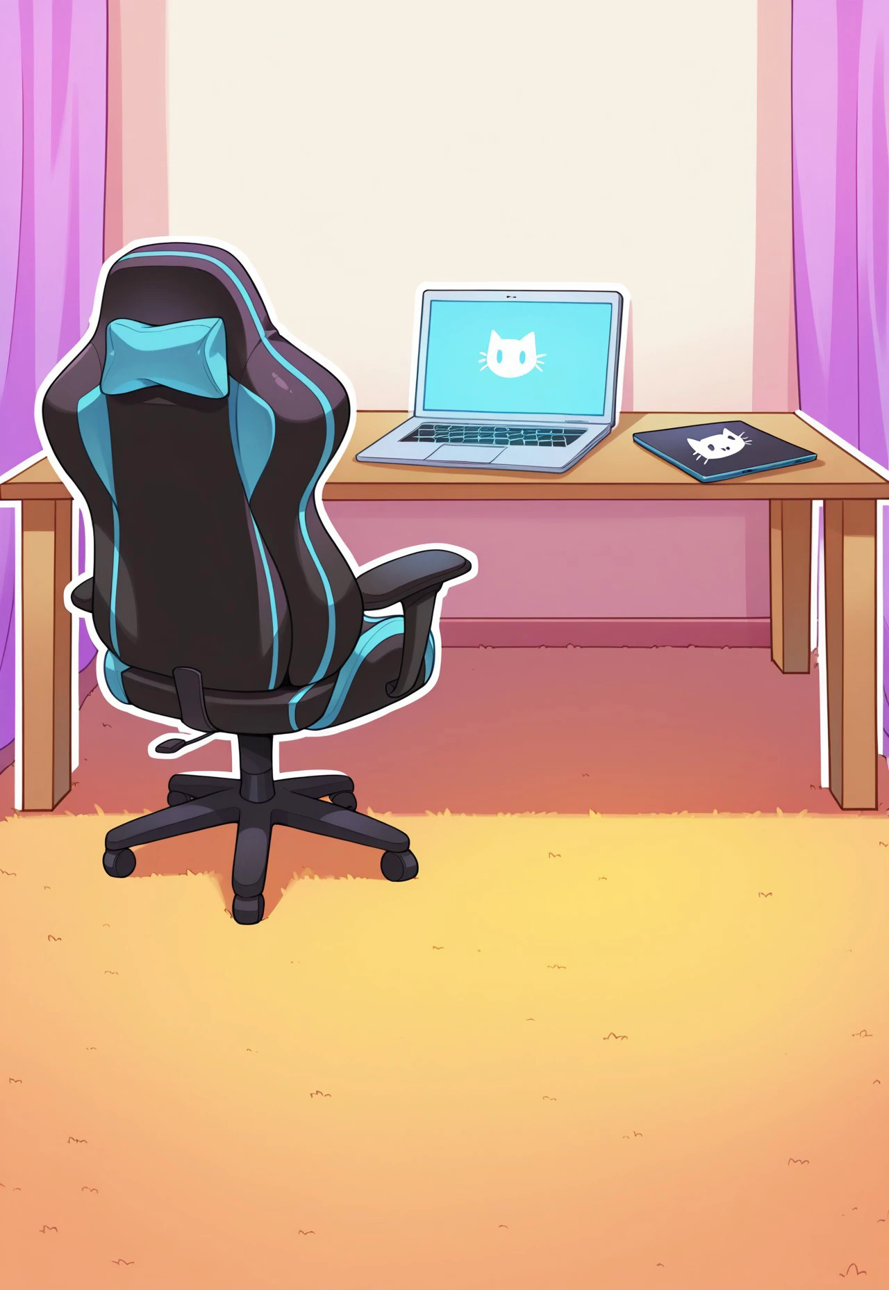 no humans, masterpiece, best quality, pimpochka backgrounds,
no shadows, cartoon look, outline,
cute style, joyful atmosphere,
girly room, laptop, table, gaming chair, kitty design