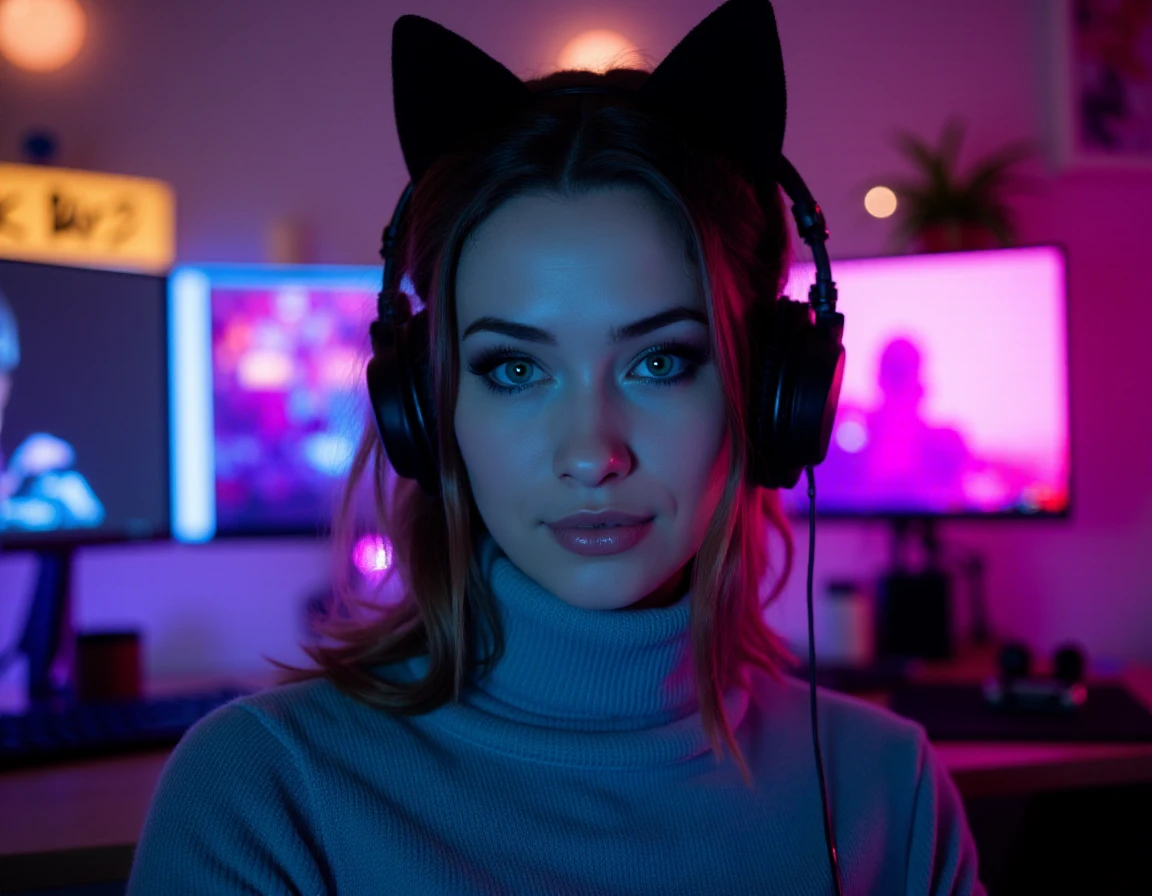 twitch tv streamer woman wearing fake cat ears wearing a turtleneck sweater with those stupid led light panels behind her and probably some games or something i dont care<lora:NicoFlux-000005:1>