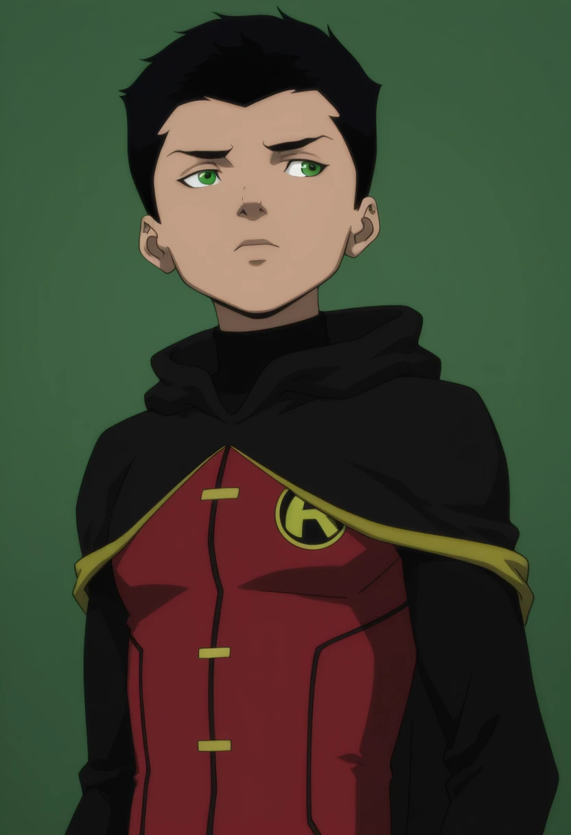 masterpiece, best quality,
damian wayne, black hair, green eyes, 1boy, male focus, solo, black hair, green eyes, green background, short hair, hood, upper body, bodysuit, red vest, hood down