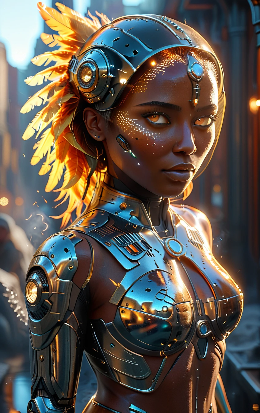 (in ARTIST style:1.4), (masterpiece:1.7),
very detailed body, very well detailed accessories, very well detailed scenery, masterpiece, best quality, perfect face, (finely detailed beautiful glowing eyes and detailed face),extremely detailed CG unity 8k wallpaper,  perfect blonde wave hair, Gorgeous woman, cute, perfect hair, bang, freckles, striking large eyes, aligned eyes, mirror eyes, black orange skin, full body, crouched, half smile, charred and dark skin, hand bones showing, background of a steam punk city, remains of a hood on her head, feathers, zoom lens, hands with 5 fingers
cinematic, (masterpiece), (best quality), (incredibly detailed:1.4) (beautiful detailed face, beautiful detailed eyes),
(ultra-detailed), very aesthetic, illustration, perfect composition, intricate details, absurdres,
(masterpiece:1.8), (highest detailed:1.8), perfectly lighted, (contrast), (saturated), (((sharp focus))), (hyperdetailed:1.3),
(intricate details:1.2), (Refined details:1.3), (best quality:1.5), highly detailed textures, vibrant colors, (ultra sharp focus:1.8),
(detailed skin:1.8), (best quality:1.7),
<lora:Someplastic_V2:0.8>,
<lora:glowneon_xl_v1:1.1>,