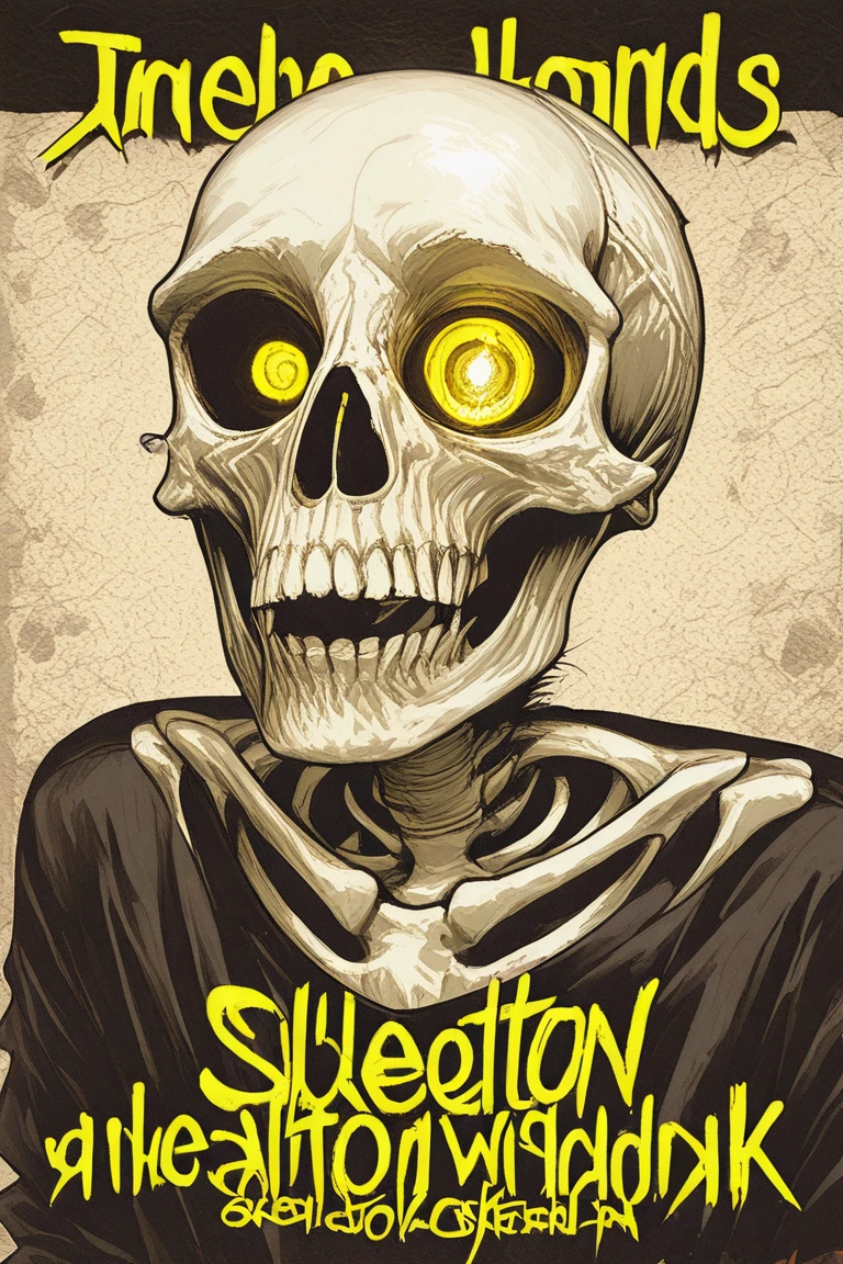 A black and white poster of a skeleton with the words "skeleton punk" written in yellow below it. The background of the poster is black with a intricate design. The skeleton has a yellow eye in the center of it. Above the skeleton, there is a yellow text that reads "DJM230x" in a bold font.,skeleton punk