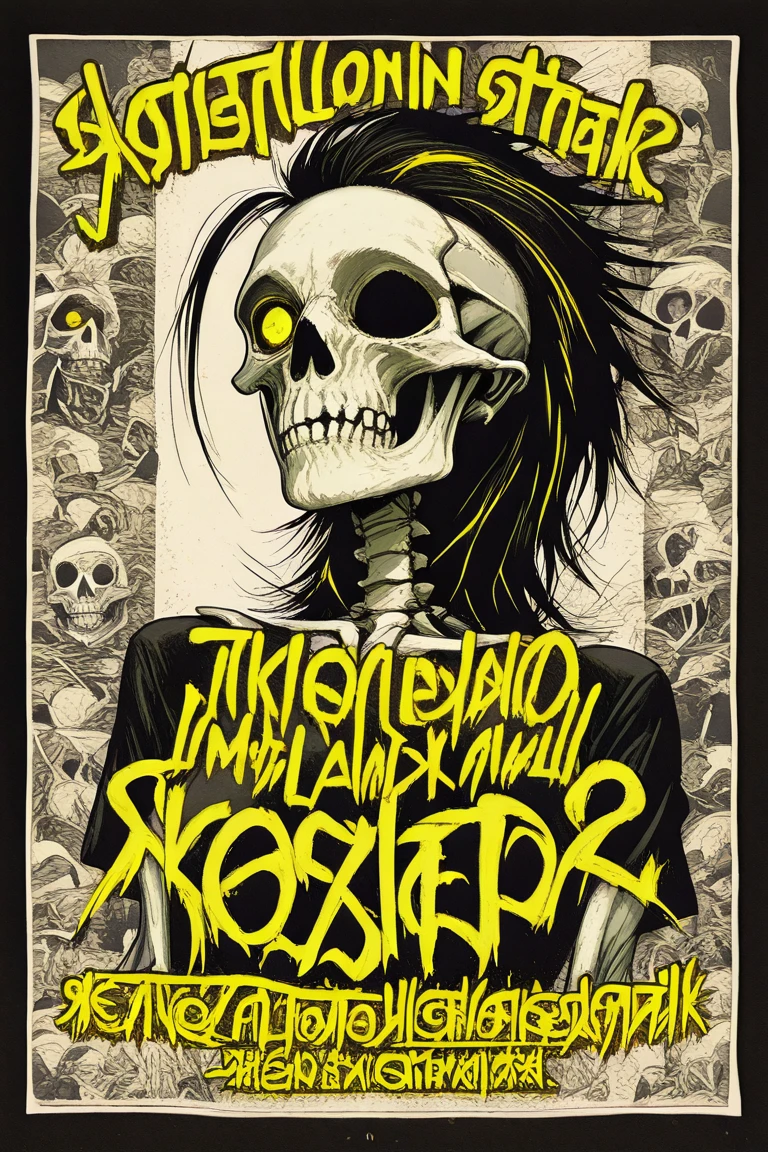 A black and white poster of a skeleton with the words "skeleton punk" written in yellow below it. The background of the poster is black with a intricate design. The skeleton has a yellow eye in the center of it. Above the skeleton, there is a yellow text that reads "DJM230x" in a bold font.,skeleton punk