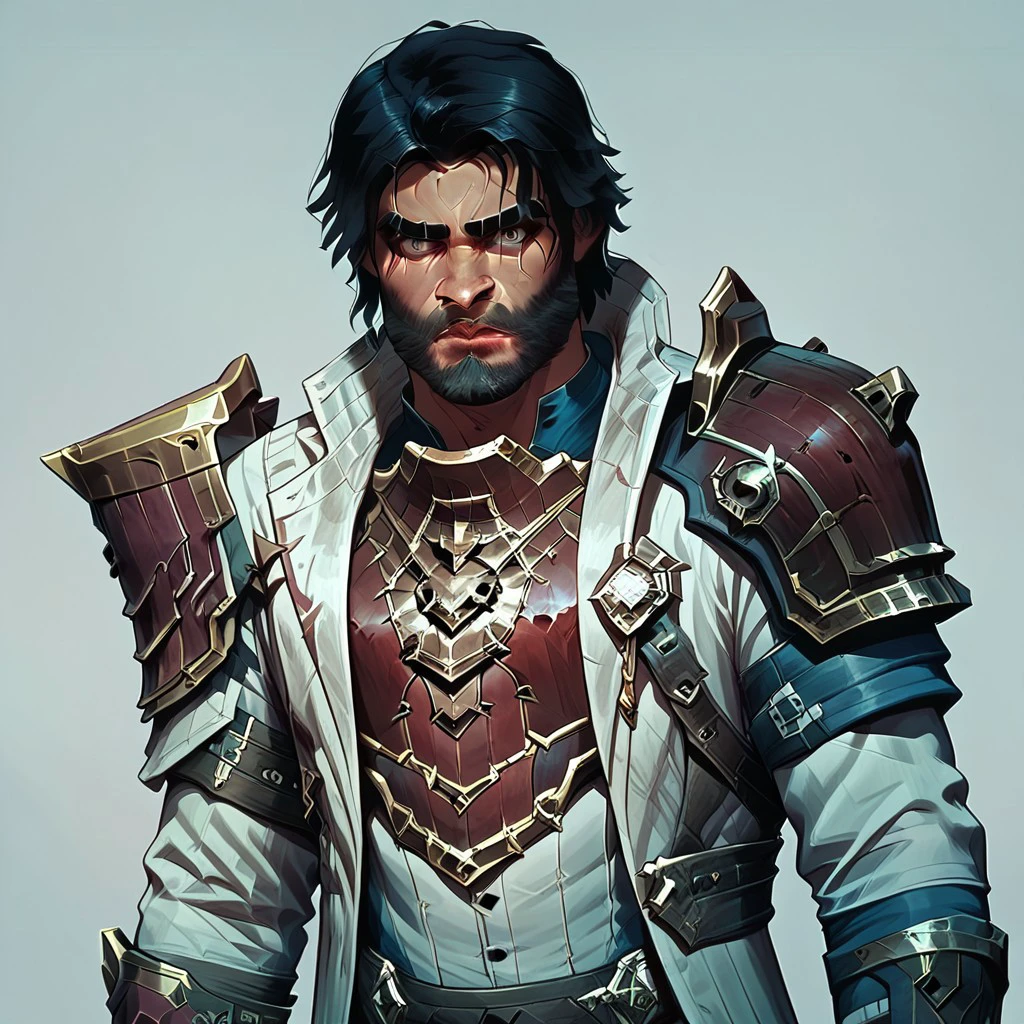 male focus, solo focus, solo, score_9, score_8_up, score_7_up, 1boy, ArcaneSurvivorJayceV1, male Focus, armor, black hair, facial hair, beard, weapon, holding weapon, jaycearcanehammer, holding