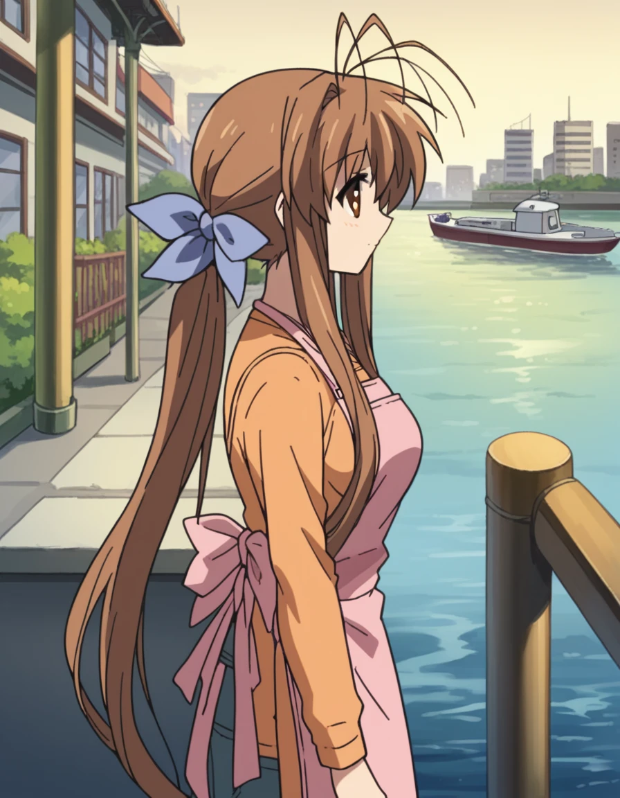 score_9, score_8_up, score_7_up, source_anime, <lora:sanae-furukawa-s2-ponyxl-lora-nochekaiser:1>, sanae furukawa, long hair, brown hair, brown eyes, antenna hair, medium breasts,, long sleeves, bow, very long hair, ponytail, hair bow, pants, apron, pink apron, canal, water, boats, city, narrow, , from side, looking at viewer, solo,, dutch angle, cowboy shot