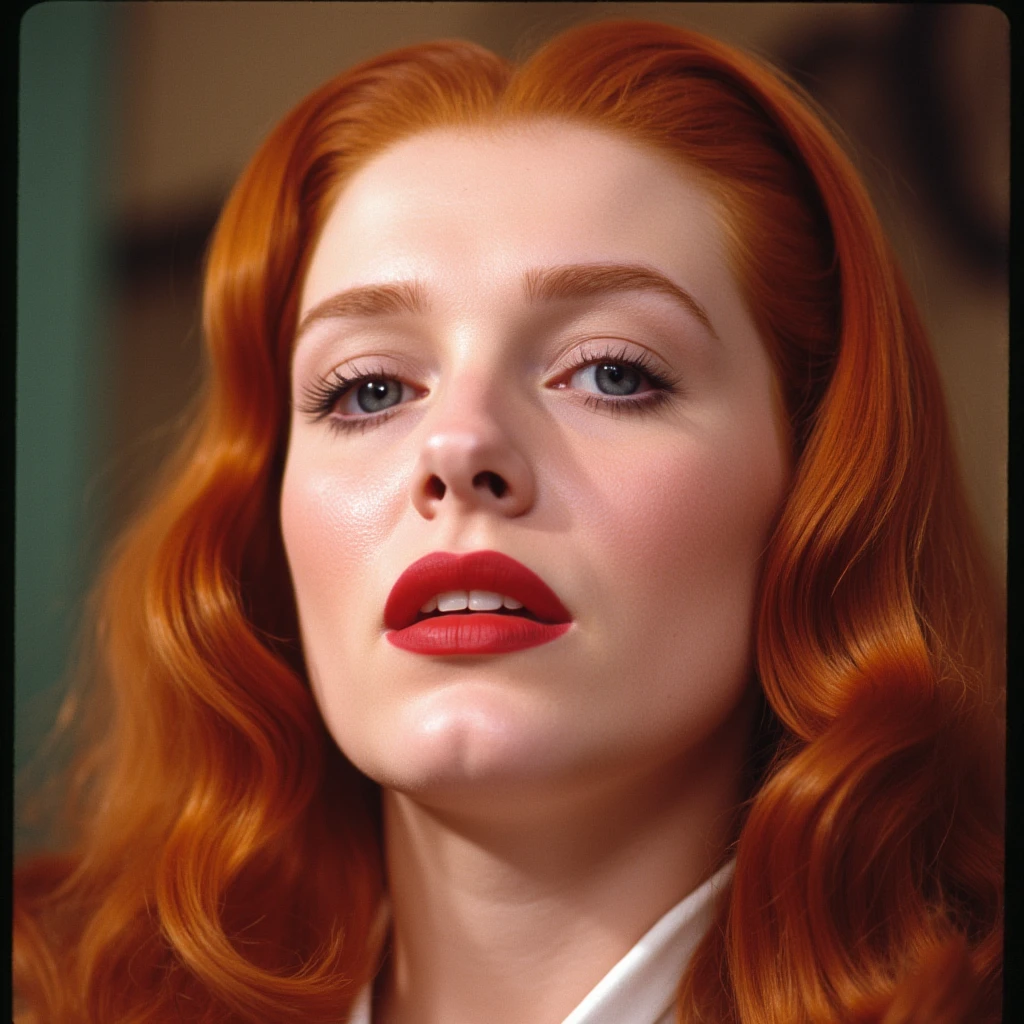 analog film photo of  <lora:Kodachrome v1:0.8>
In 1950's a cinematic Kodachrome Technicolor motion picture of a tearywoman with red hair and a red lip, perfect image, perfect body, perfect anatomy, sharp image, detailed image, Kodak film style, high quality photography, Kodachrome style, Technicolor style, 1950's style, Technicolor Monopack style, 16mm, 8mm, Super 8 movie, 35mm movie style, film color style, cinematic photography style, analog photography style, cinematic film color style, deep color style, different character, different background, different picture, Eastman Kodak style, K-14 process style, Color slide style, film skin tone style, different color, solo, long hair, looking at viewer, blue eyes, parted lips, orange hair, blurry, eyelashes, lips, makeup, portrait, lipstick, close-up, red lips, photorealistic, traditional media, closeup, faded film, desaturated, 35mm photo, grainy, vignette, vintage, Kodachrome, Lomography, stained, highly detailed, found footage