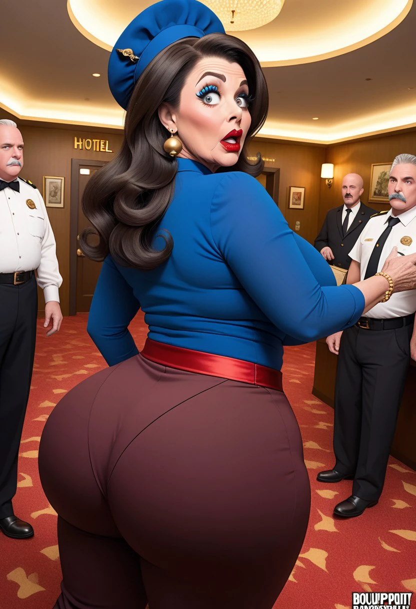 voluptuous misbehaving woman 60 years old 
Dark-brown bouffant, blue eyeliner, mascara, red lips, bell hop
Tight bellbottom trousers, trousers too tight, trousers bursting at seams, sharp pleats, very distinctive panty lines, little hat
Shocked-look, big ass, hotel foyer, crowd, 
Otk spanking, spanked by town mayor
booty-view, close-up