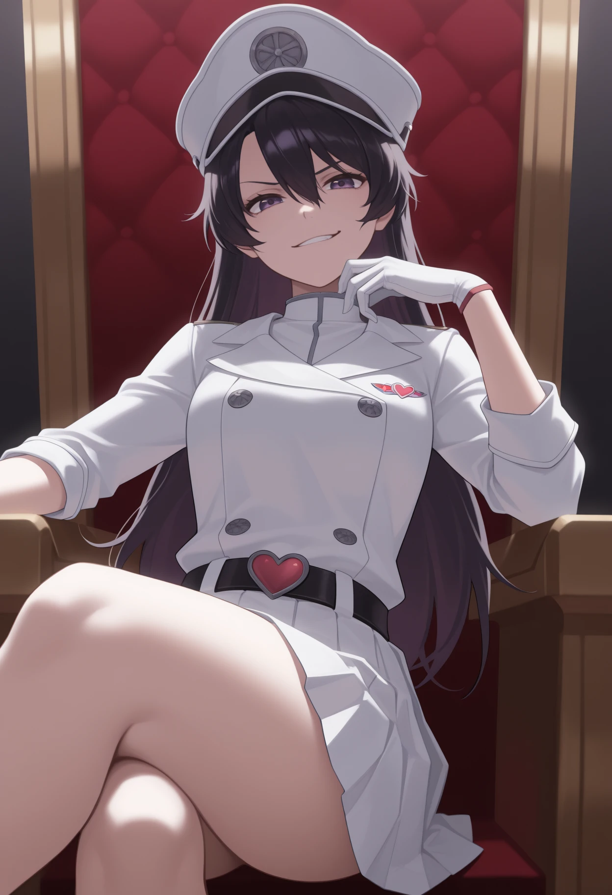 masterpiece, best quality, <break> solo, 1girl, bstrbn, smirk, looking at viewer, sitting, throne, crossed legs, long hair, black hair, hair between eyes, white headwear, peaked cap, purple eyes, military uniform, white jacket, military jacket, buttons, long sleeves, white shirt, white gloves, white skirt, pleated skirt, black belt, heart
<segment:yolo-Anzhc Face seg 640 v2 y8n.pt,0.4,0.5//cid=1>