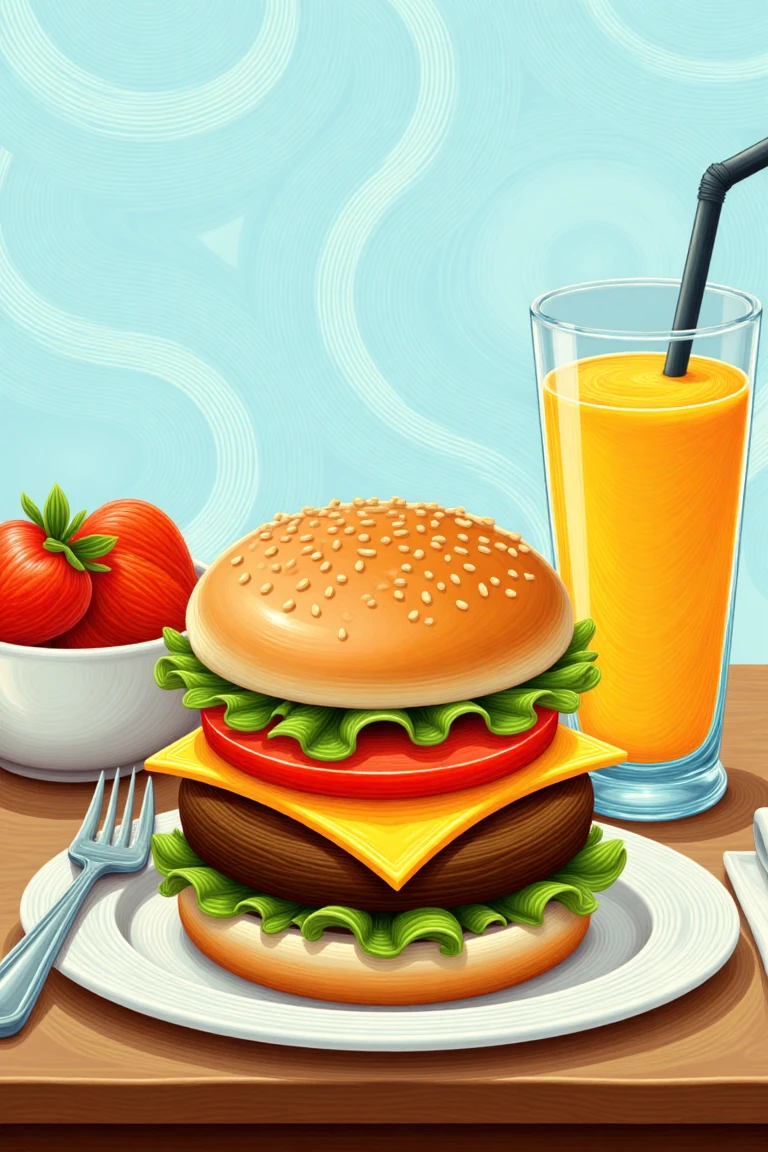 An animated image of a hamburger on a wooden table. The burger is made up of three different cheeses, with lettuce, tomato, and cheese on top. The cheeses are brown. The hamburger bun is made of sesame seeds. There is a glass of orange juice to the right of the burger. There are strawberries to the left of the hamburger. A fork and a napkin are placed on the table. A straw is sticking out of the glass. The background of the image is a light blue wavy pattern.,noga