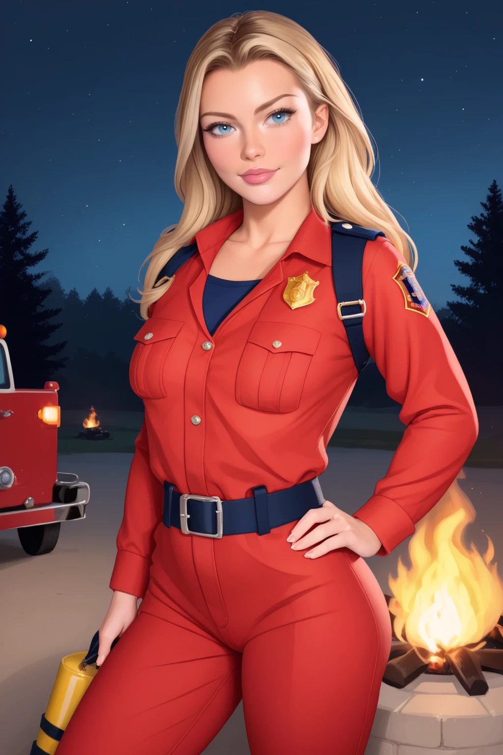 score_9, score_8_up, score_7_up, masterpiece, high quality, BREAK
<lora:BadbrittPonyLoRA:1> realistic, badbritt, long hair, blonde hair, lips, brown hair, blue eyes, looking at viewer, firefighter outfit, fire, outside, night