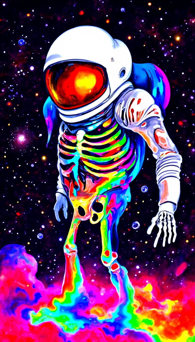 dscd_style a psychedelic cosmonaut skeleton melting tearing his suit off rainbow melting color scheme floating in the cosmos nebula glass space helmet Infront of an exploding spaceship