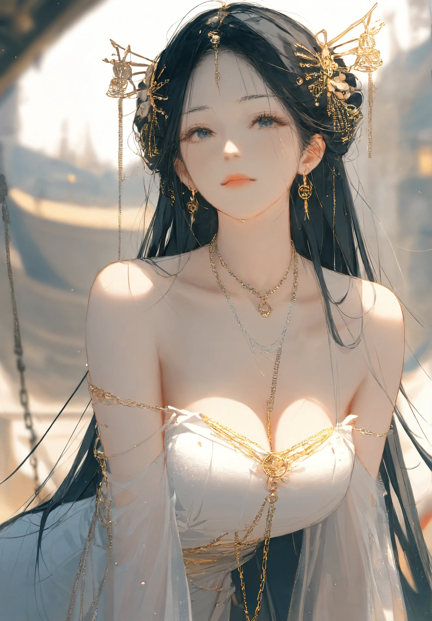 score_9,score_8_up,score_7_up,1girl,breasts,solo,jewelry,long hair,hair ornament,necklace,looking at viewer,earrings,cleavage,bare shoulders,dress,white dress,black hair,blurry background,piercing,body chain,collarbone,<lora:dewlop01-000044:1>,