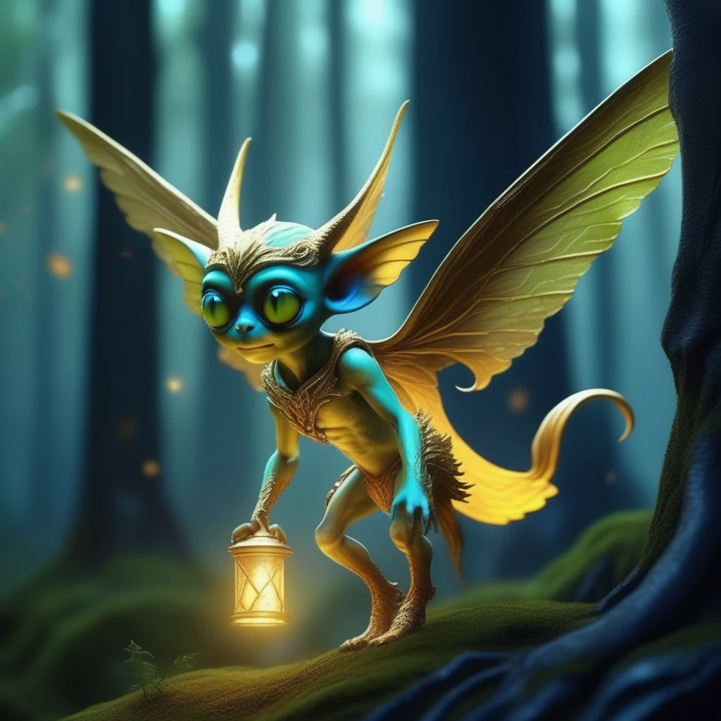 cinematic,  dramatic lighting,masterpiece, ultra detailed textures and colors, A tiny, winged golden imp carrying a glowing scroll, flying through a misty forest toward a distant castle. its wings are translucent and glowing in shiny gold light with intense colors: green, blue and silver, mystical forest in the landscape. <lora:impz:1.1>