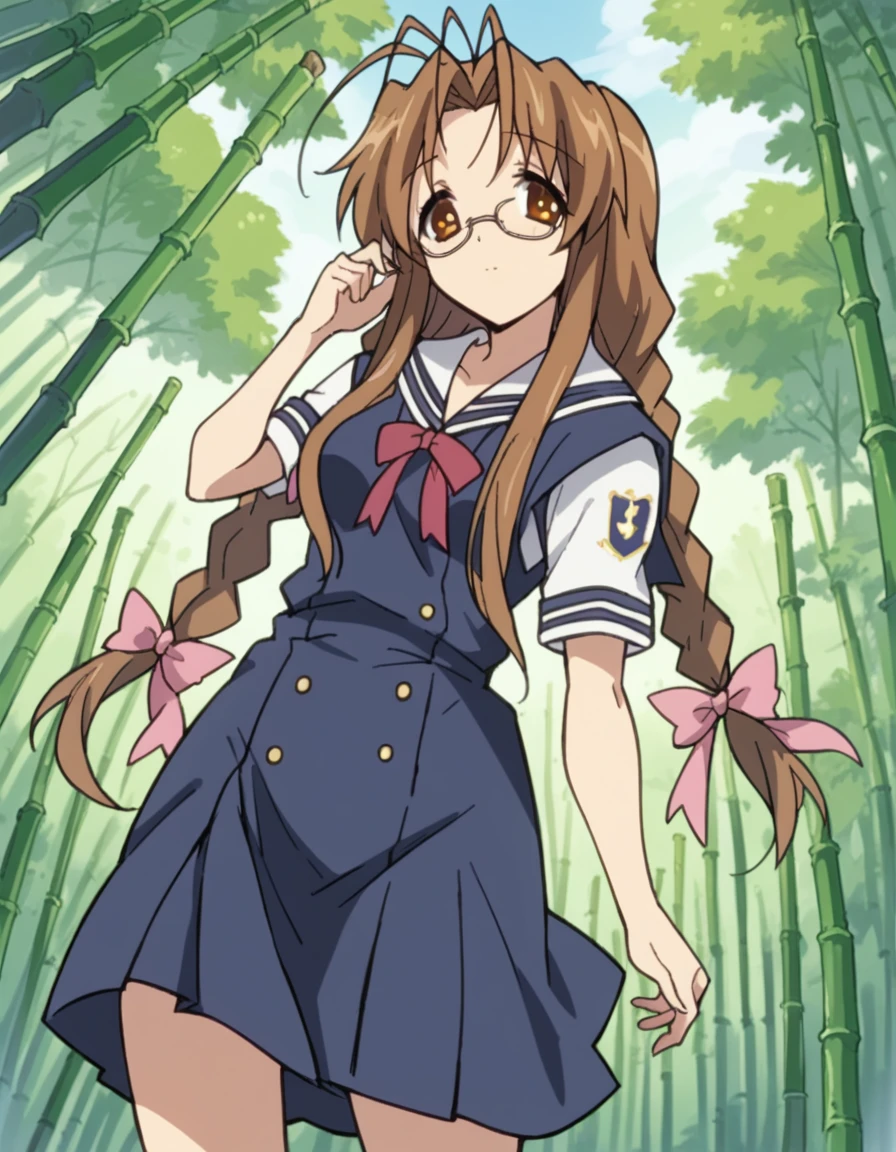 score_9, score_8_up, score_7_up, source_anime, <lora:sanae-furukawa-s2-ponyxl-lora-nochekaiser:1>, sanae furukawa, long hair, brown hair, brown eyes, antenna hair, medium breasts,, braid, glasses, twin braids, school uniform, hikarizaka private high school uniform, serafuku, pinafore dress, ribbon, pink ribbon,, bamboo forest, bamboo, trees, dense, wildlife, , from below, looking at viewer, solo,, dutch angle, cowboy shot