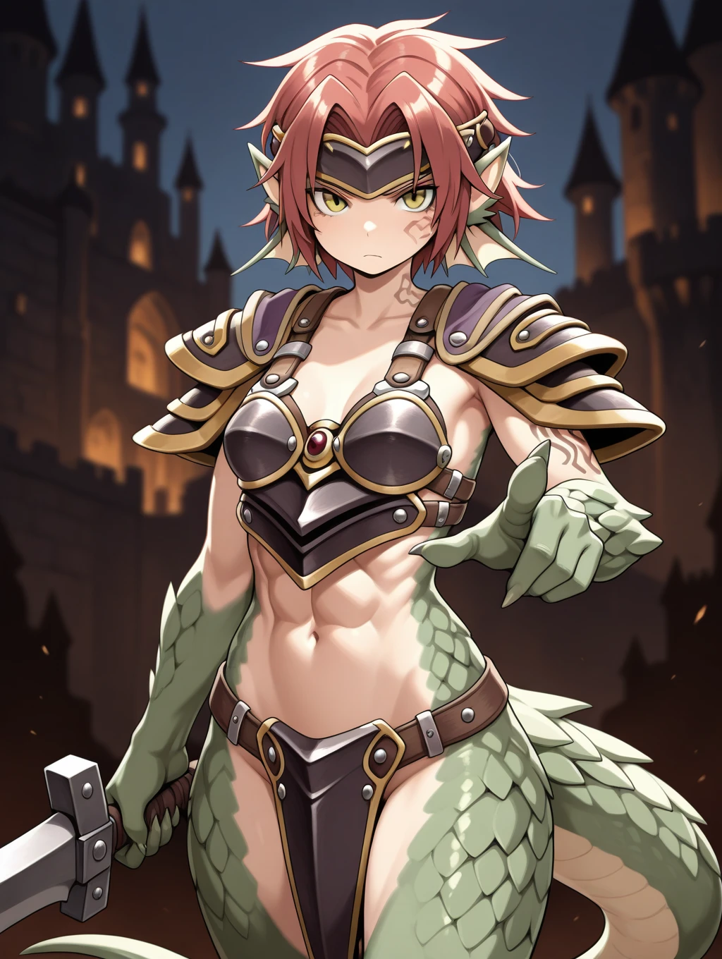 1girl, Granberia, (red hair), short hair, dragon girl, yellow eyes, (lizard tail), small breasts,monster girl, slit pupils, tattoo, claws, (scales), head fins, pointy ears, simple background, castle, abs, armor, shoulder armor, pauldrons, headband, cowboy shot, holding a sword, pointing_sword at viewer, serious,


masterpiece, best quality,amazing quality, very aesthetic, absurdres, depth of field, blurry background, dark, extremely detailed face, detailed eyes, dark colors, dynamic pose