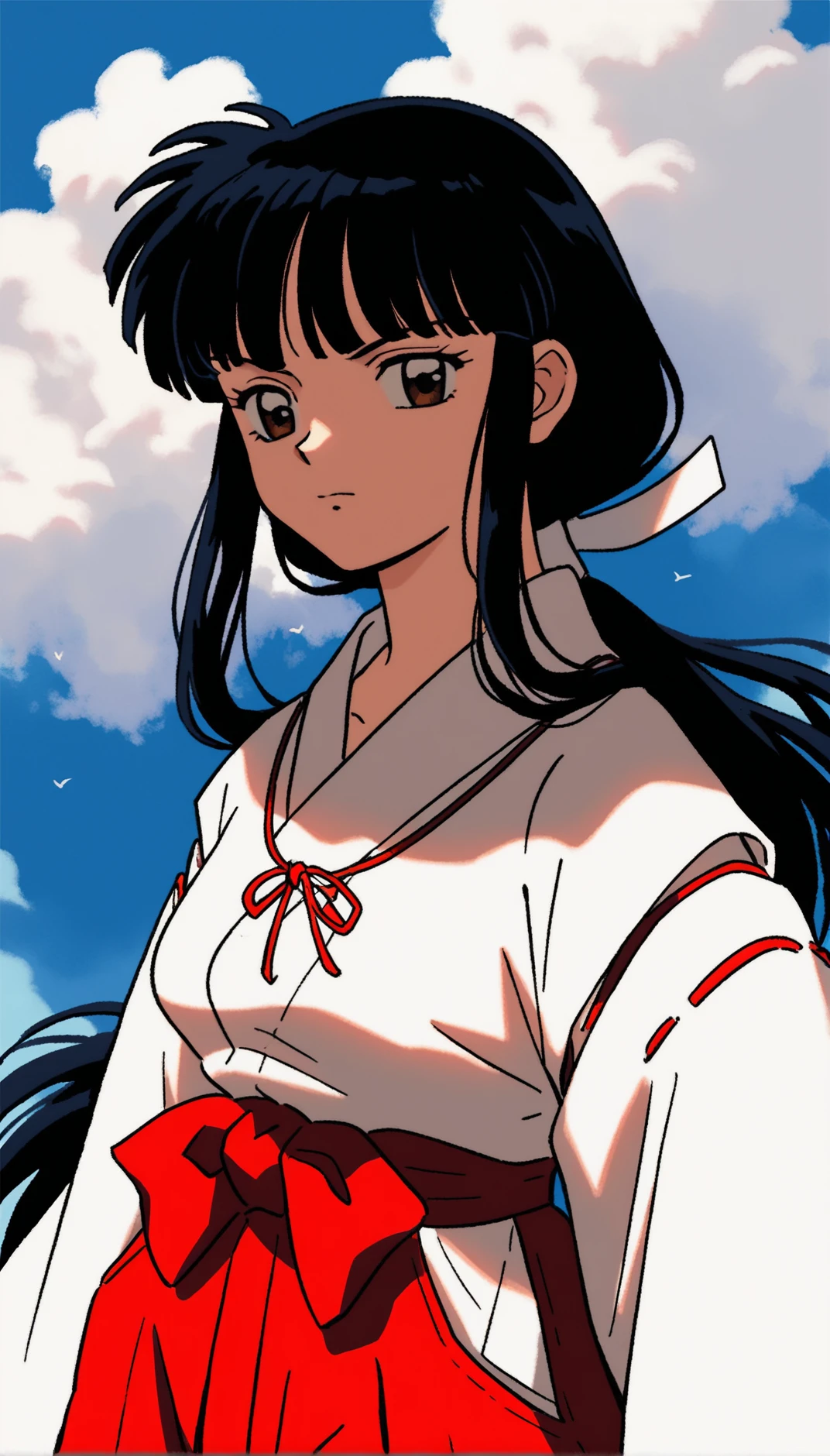 score_9,score_8_up,score_7_up,
oykik,
1girl,solo,black hair,bangs,low ponytail,white scrunchie,brown eyes,looking at viewer,miko outfit,red ribbon necklace,red waist bow tie,red hakama,
portrait,
blue sky,cloud,