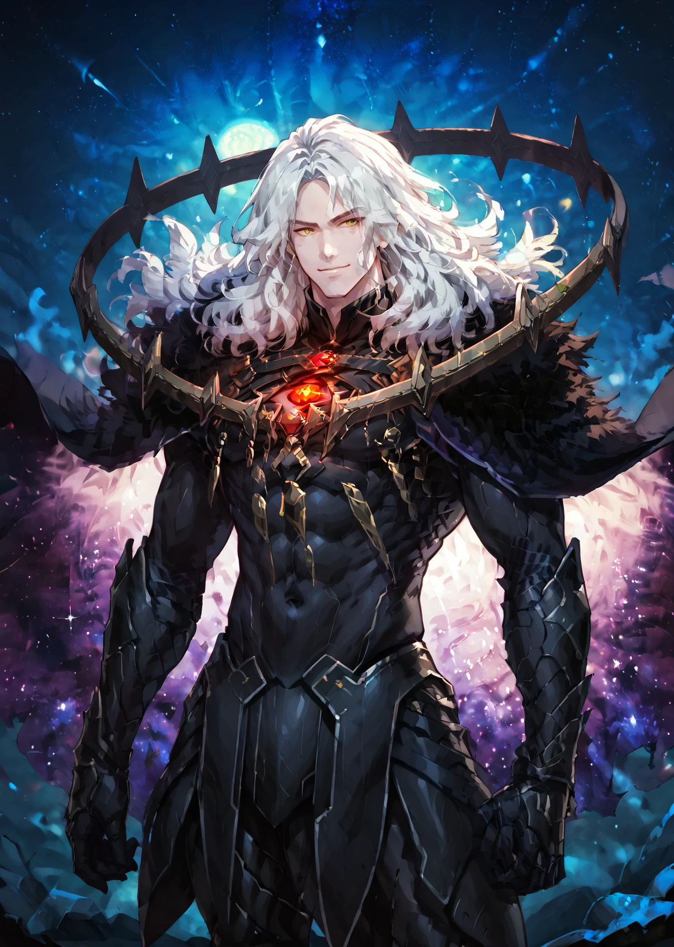 score_9_up, score_8_up, score_7_up, score_6_up, solo, 1boy, zPDXLxxx, rating_explicit, male focus, straze, 1boy, solo, male focus, long hair, white hair, yellow eyes, floating circular shoulder mantle, black cloak with starry sky lining, smile, black armor, glowing red chest gem, dark fantasy art, grimdark, best_quality, masterpiece, dark cold color scheme, valorant style, dvs, <lora:sxz-valorant-smol-v2-pdxl:0.2> <lora:Concept Art DarkSide Style LoRA_Pony XL v6:0.9> <lora:Straze_-_Epic_Seven-000008:0.85>