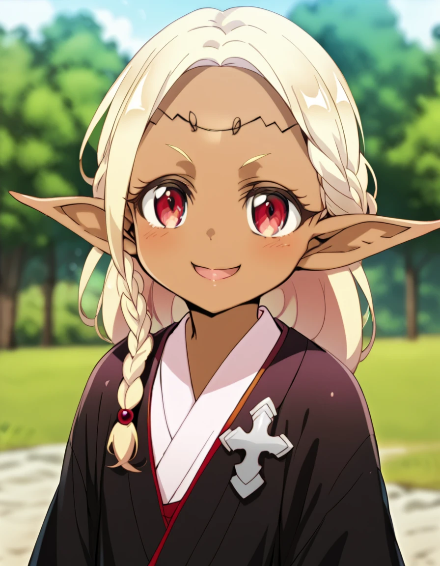 score_9, score_8_up, score_7_up, score_6_up, score_5_up, score_4_up, source_anime ,  <lora:edomaeelf:1>, happy, portrait,  yorude, red eyes, blonde hair, long hair, pointy ears, dark elf, dark-skinned female, braid, japanese clothes, kimono, circlet,