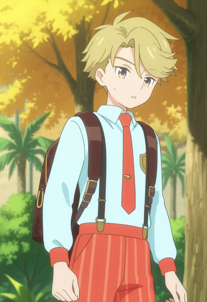 masterpiece, best quality,
 yuto, blonde hair, multicolored eyes, white shirt, 1boy, male focus, necktie, shirt, solo, collared shirt, backpack, shorts, orange necktie, school uniform, bag, short hair, tree, sweatdrop, outdoors, suspenders, bangs, orange shorts, orange necktie, long sleeves, palm tree, pants, vertical stripes, striped pants