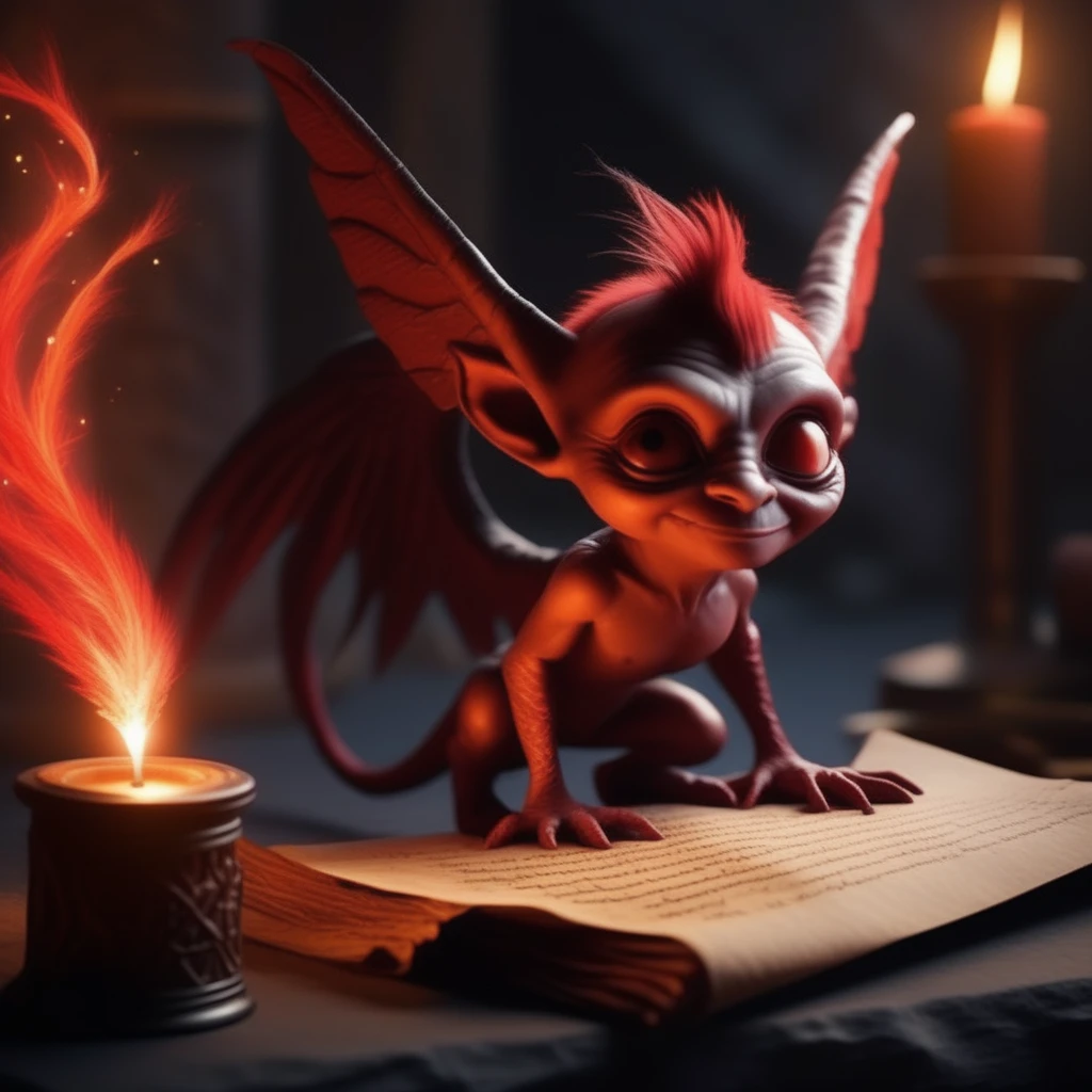 cinematic,  dramatic lighting,masterpiece, ultra detailed textures and colors, A tiny imp with crimson skin and long, nimble fingers, carefully writing glowing runes on an ancient scroll with a quill made of phoenix feather. Magical sparks dance off the parchment as the runes light up.<lora:impz:1.0>