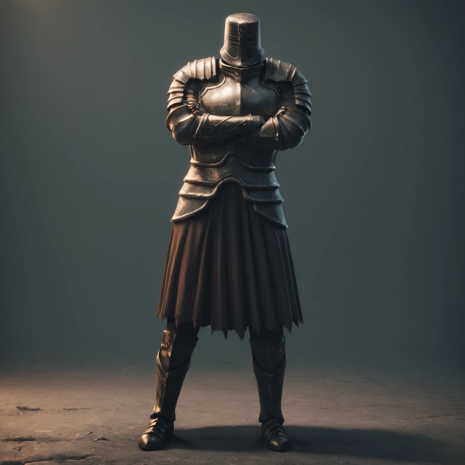 score_9, score_8_up, score_7_up, score_6_up, score_5_up, score_4_up, highres, incredibly absurdres, highly detailed, dim lighting, 3d, outdoors, ambiguous gender, solo, dsbit, helmet, black helmet, armor, black armor, breastplate, black breastplate, Pauldrons, black Pauldrons, Cuirass, black Cuirass, Gauntlets, black Gauntlets, tunic under armor, Greaves, black Greaves, boots, black boots, crossed arms <lora:Black_Iron_Tarkus_pony:0.6>