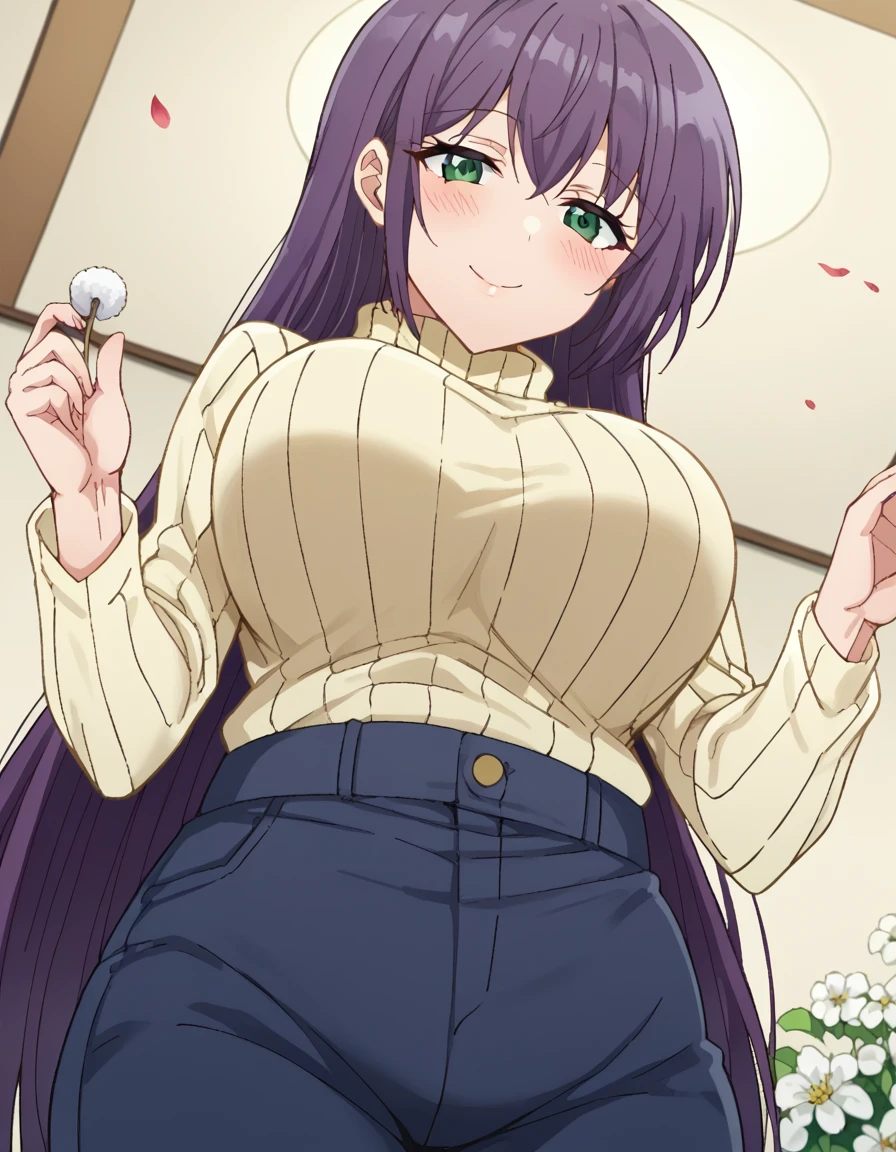 score_9, score_8_up, score_7_up, source_anime, <lora:yutaka-shinozaki-s1-ponyxl-lora-nochekaiser:1>, yutaka shinozaki, long hair, bangs, very long hair, green eyes, purple hair,, large breasts, mature female, long sleeves, pants, sweater, turtleneck, ribbed sweater, turtleneck sweater, blue pants, white sweater, flower field, colorful, petals, scent, bloom, , <lora:lap-pov-ponyxl-lora-nochekaiser:1>, lap pov, lap pillow, from below, ceiling, looking down, pov, blush, smile,, looking at viewer, solo,, dutch angle, cowboy shot