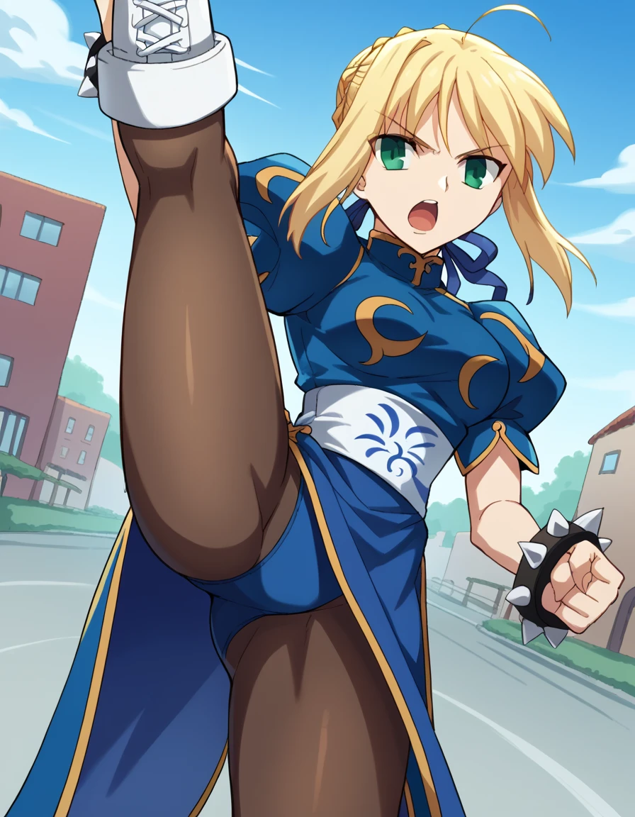 score_9, score_8_up, score_7_up, source_anime, <lora:artoria-pendragon-zero-ponyxl-lora-nochekaiser:1>, artoria pendragon, artoria pendragon (fate), saber, long hair, blonde hair, green eyes, ponytail, ahoge, medium breasts,, <lora:chun-li-cosplay-ponyxl-lora-nochekaiser:1>, chunlicosplay, chun-li (cosplay), blue dress, boots, bracelet, brown pantyhose, china dress, chinese clothes, cross-laced footwear, dress, gold trim, jewelry, pantyhose, pelvic curtain, puffy sleeves, sash, short sleeves, side slit, spiked bracelet, spikes, white footwear,,, streets, open mouth, leg up, leg lift, fighting stance, , dutch angle, cowboy shot