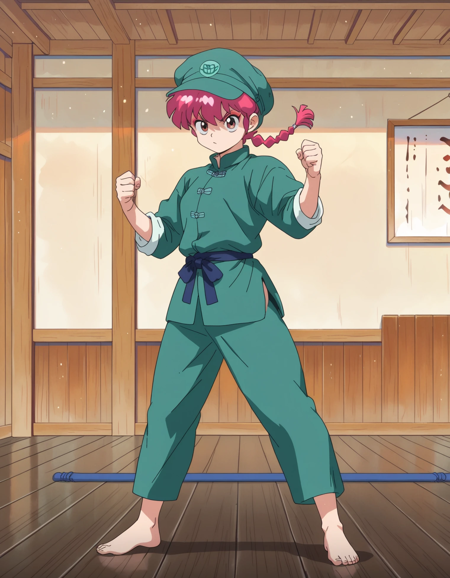 score_9, score_8_up, score_7_up, anime_source, BREAK,
masterpiece, best quality,  <lora:Ranma_colllection_merged_Ramake_Ranma__Akane_kanu_:0.8> ranmare, ranma_girl, anime coloring, GreenUni, ((Ranmahat)),  eyeliner, red eyeshadow, red hair, red braided ponytail,  barefoot, full body, dojo, fighting stance, dynamic stance, dojo, interior,  <lora:g4n1m3XLP:0.8> g4n1m3