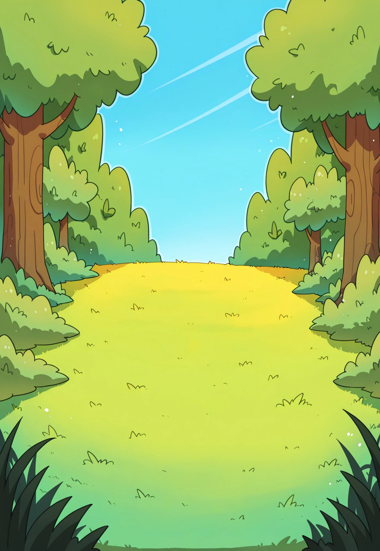 no humans,
no shadows, cartoon look, outline,
cute style, joyful atmosphere,
outside, grass, blue sky, trees