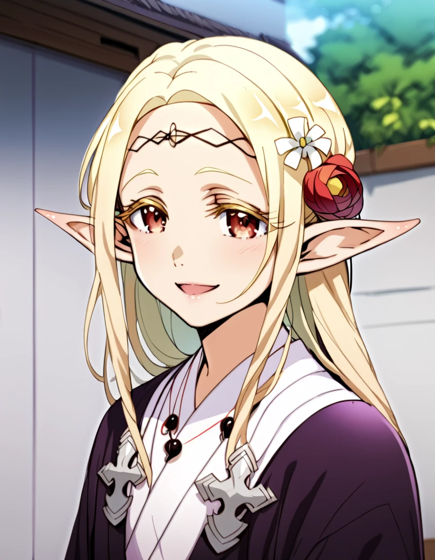 score_9, score_8_up, score_7_up, score_6_up, score_5_up, score_4_up, source_anime ,  <lora:edomaeelf:1>, happy, portrait,  elda, red eyes, blonde hair, long hair, pointy ears, elf, hair ornament, hair flower, japanese clothes, kimono, circlet,