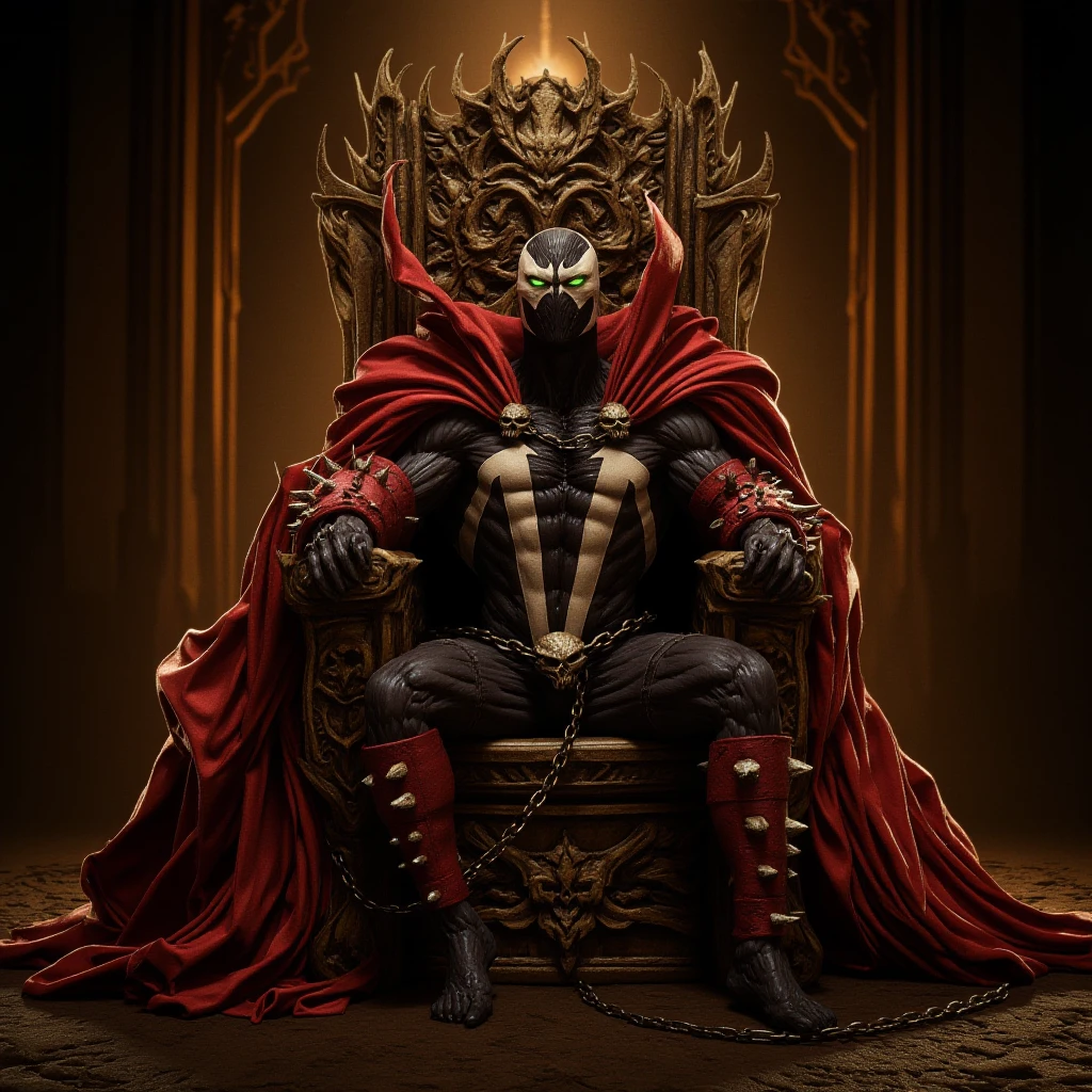 UHD, 4k, ultra detailed, cinematic, a photograph of  <lora:Spawn v1:0.9>
Spawn a man in a living symbiotic costume with a red cape and a black mask sitting on a skull throne in the underworld, medium shot, solo, looking at viewer, 1boy, sitting, green eyes, male focus, cape, muscular, mask, glowing, chain, traditional media, glowing eyes, skull, red cape, throne, knee shot
, epic, beautiful lighting, inpsiring
