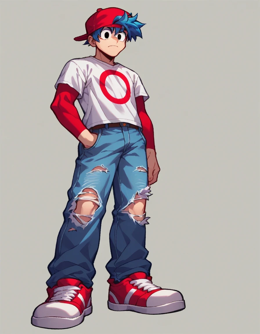 LookalikeEXE, solo, 1boy, hat, blue hair, male focus, pants, torn clothes, sneakers, baseball cap, jeans, backwards hat, red cap, tattered jeans, white shirt with red markings. blackened eyes. eerie and distorted appearance, black eyes, standing, full body, red sleeves