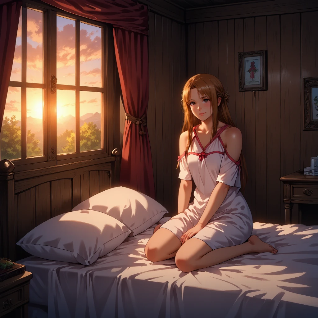 An semi realistic anime image of rustic and cozy bedroom, featuring Asuna Stacia in the main focus. MythAn1m3. The light is dimmed and the style vintage. The sunrise shines through a window. Asuna Stacia kneeling on the bed, and looks intrested to the viewer. She is a bit tired and smiles lightly. She wears a short white off-shoulder nightgown. 