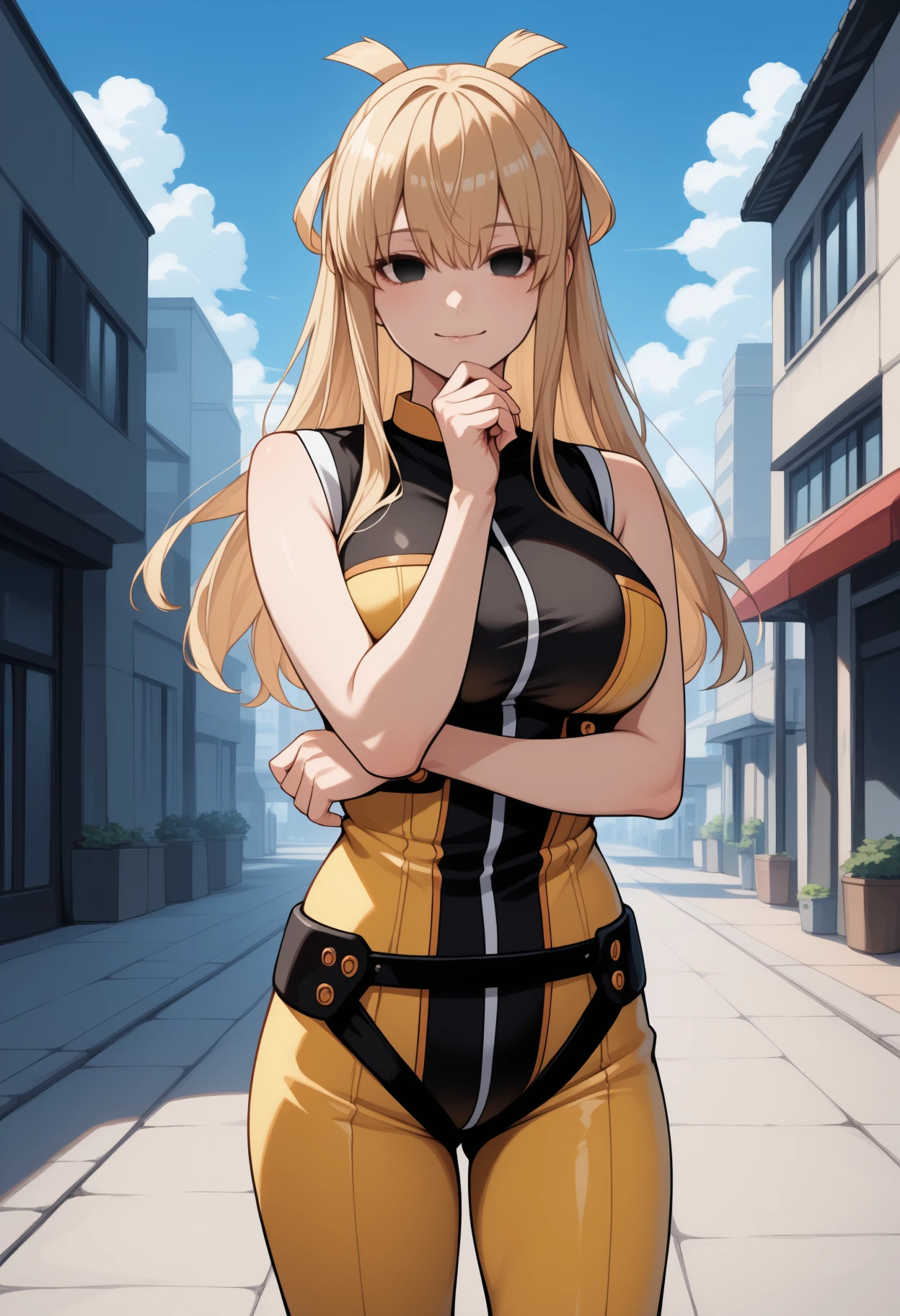 masterpiece, best quality, <break> solo, 1girl, suzuk1ri, slight smile, looking at viewer, standing, hand on own chin, hand on own elbow, blonde hair, black eyes, empty eyes, two-tone bodysuit, yellow bodysuit, black bodysuit, sleeveless, large breasts, outdoors, blue sky, cloud, sidewalk, city
<segment:yolo-Anzhc Face seg 640 v2 y8n.pt,0.4,0.5//cid=1>