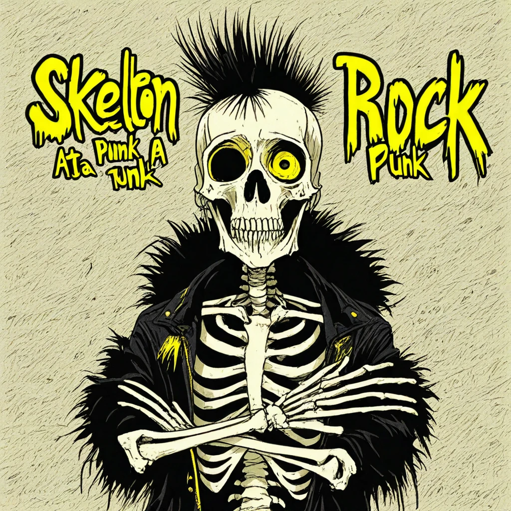 skeleton punk, skeleton, featuring a skeletal figure with a punk rock aesthetic. The background is a vivid, giving it a defiant pose. It is dressed in a torn, depicted in a punk rock pose. The skeleton is wearing a black jacket with a fur-lined collar, spiky, with exaggerated, depicted in a stylized, digital illustration with a punk rock theme. The artwork features a stylized, emphasizing the individual ribs.