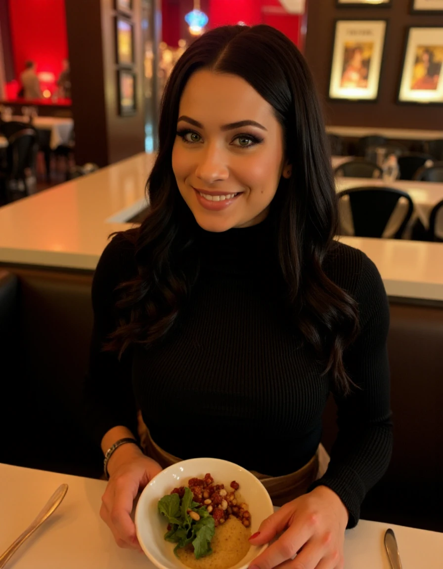 iphone photo of a beautiful woman wearing a turtleneck sweater with dramatic dark eyeliner sitting at a table at a romantic restaurant, smiling. The scene is highly detailed with a sharp focus <lora:NicoFlux-000005:1>