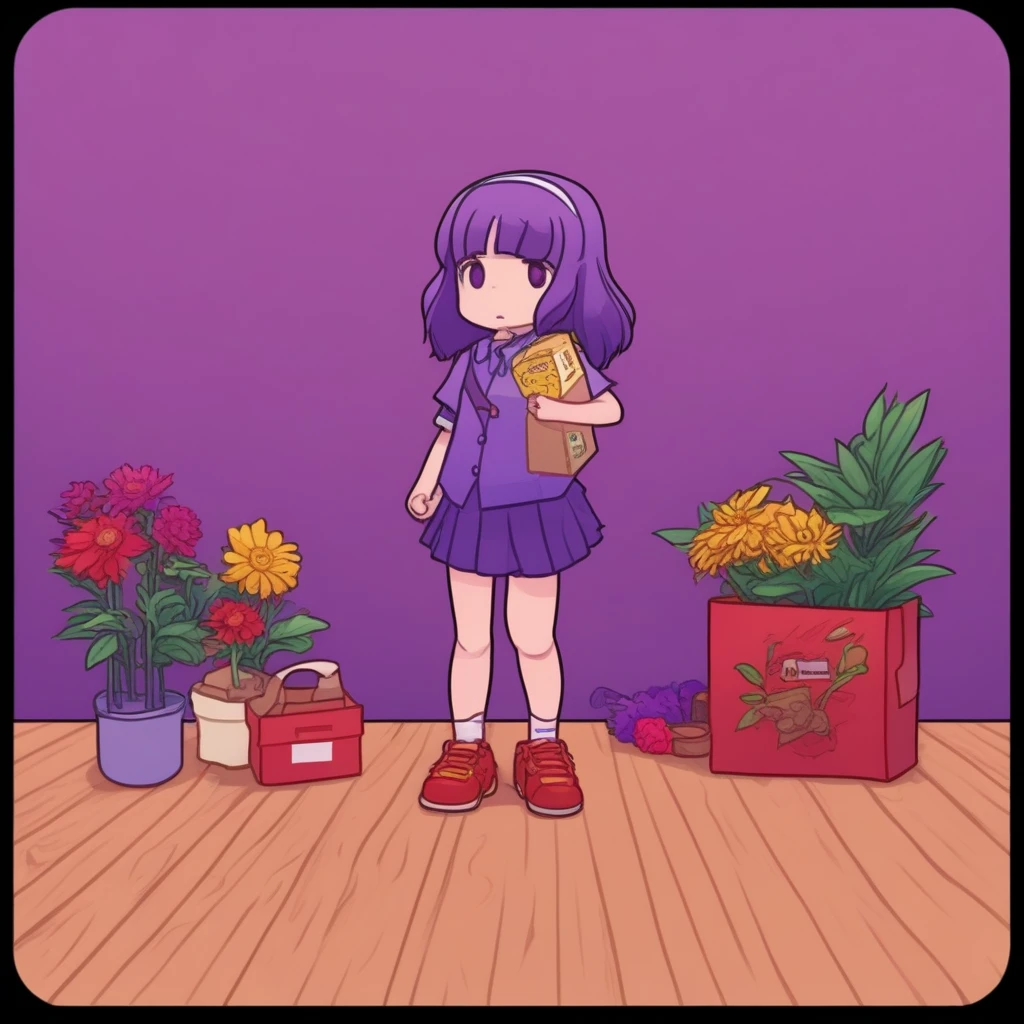 wooden floor, shoes, butter, 1girl, badge, comic, plant, food, cardboard box, purple flower, red background