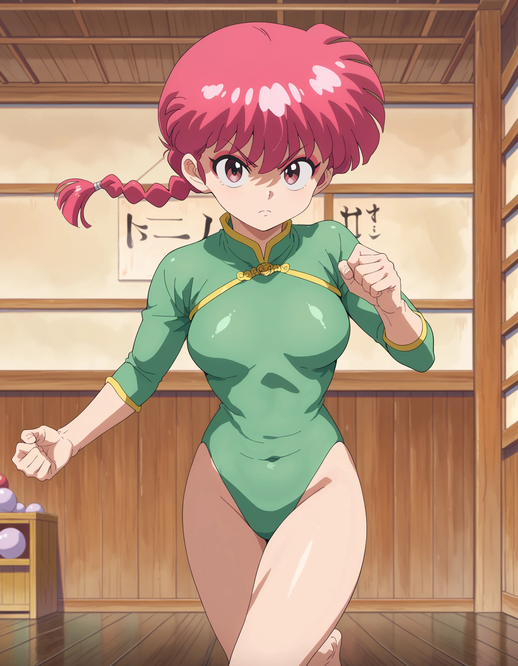 score_9, score_8_up, score_7_up, anime_source, BREAK, 
masterpiece, best quality, 1girl, solo,  <lora:Ranma_colllection_merged_Ramake_Ranma__Akane_kanu_:0.8> ranmare, ranma_girl, anime coloring,  ((ranmma_leotard)), leotard, green leotard, bottomless,  eyeliner, red eyeshadow, red hair, red braided ponytail, barefoot, fighting stance, dynamic pose, looking at viewer, emotionless, dojo, interior,  <lora:g4n1m3XLP:0.8> g4n1m3