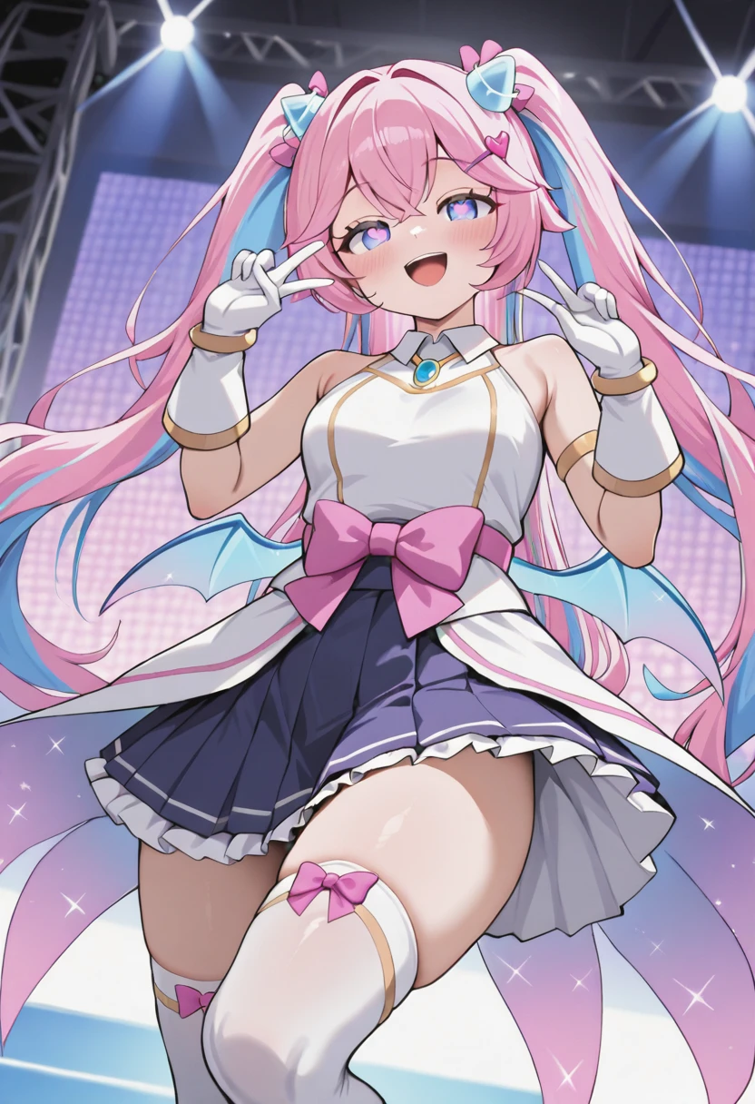 masterpiece,best quality,absurdres,perfect lighting,fantasy,stage,stage lights,
*//*,<lora:Angelic_Buster-v2.0:1>,ab_remaster,pink hair,multicolored hair,blue hair,long hair,blue eyes,twintails,white gloves,sleeveless,white thighhighs,wings,pleated skirt,bangs,symbol-shaped pupils,heart-shaped pupils,hair ornament,pink bow,pink footwear,
*//*,looking at viewer,cowboy shot,dutch angle,dynamic pose,smile,