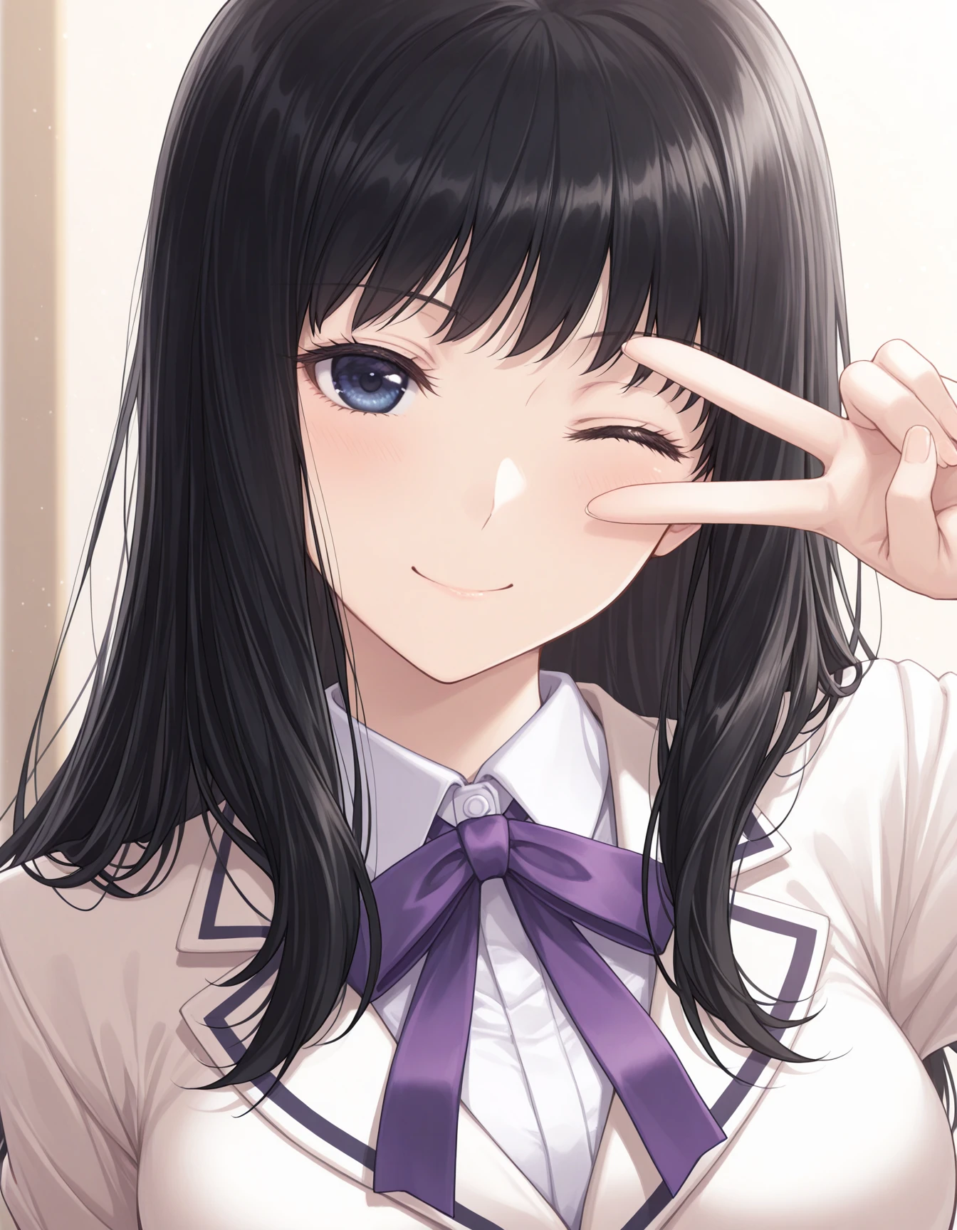 1girl, solo, kuchiki touko, black hair, long hair, dark blue eyes, one eye closed, smile, v over eye, medium breasts, school uniform, white clothing, blazer, purple ribbon, portrait, forelighting, light theme, masterpiece, best quality, very aesthetic <lora:kuchiki_touko_illustrious_v1-1:0.7>