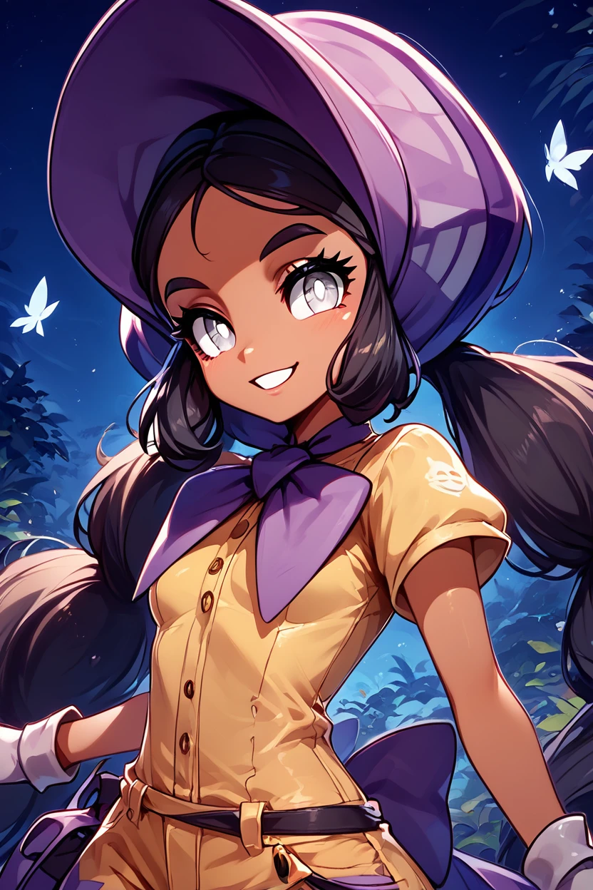 score_9, score_8_up, score_8, medium breasts, (curvy), cute, eyelashes,       ,,, , ,,, zzHapu, grey eyes, black hair, long hair, twintails, very long hair, dark skin, bright pupils, white pupils, gloves, purple bonnet, short sleeves, jumpsuit,   <lora:Hapu_Pokemon_PDXL:1.0>,    ,,,, BREAK, ,,, upper body, smile, looking at viewer, ,,, shiny skin, <lora:ProAnime_PDXL_v1:0.8>, night, soft shadows, moonlight reflecting off skin, whisper of wind, ,,, embedding:zPDXL, Expressiveh, <lora:SDXLFaeTastic2400:0.5>, <lora:Expressive_H-000001:0.4>,