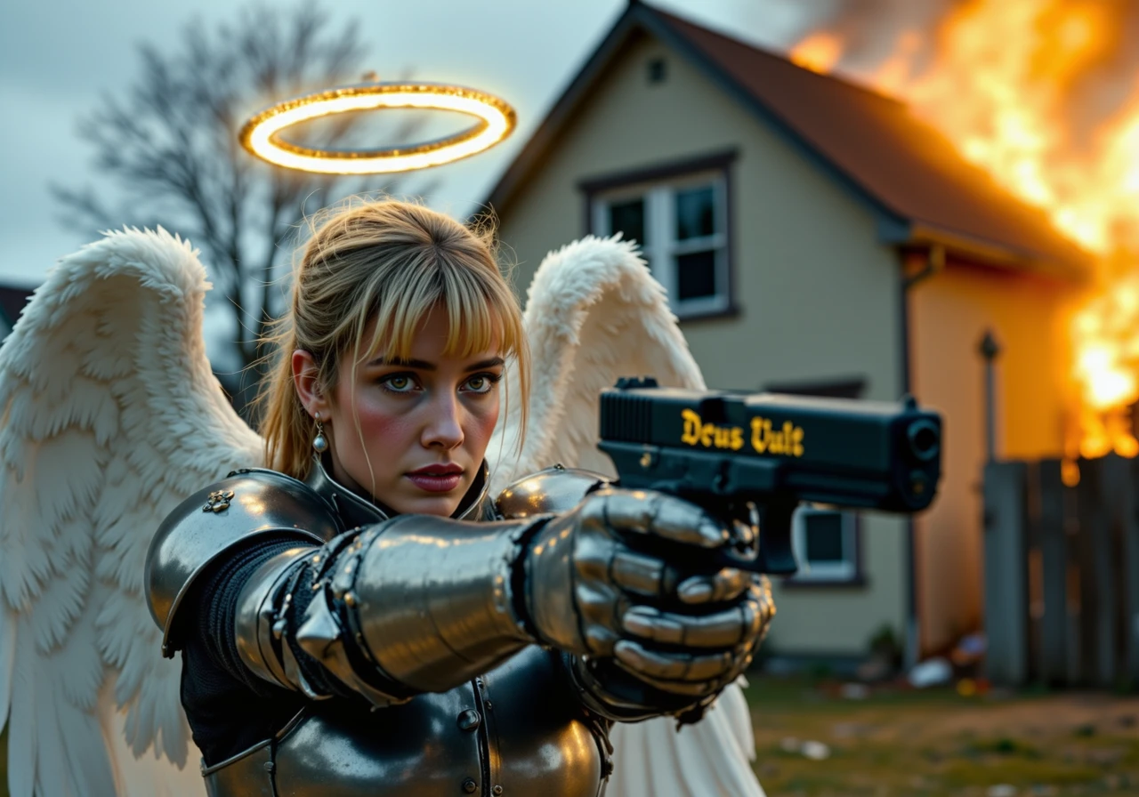 dramatic cinematic still side angle shot of an angel aiming G17Model glock handgun at an unseen enemy, she grips the G17Model handgun with golden text "Deus Vult" in Olde English fonte enraved on the matte black slide in a one handed grip, she had blonde ponytail haircut with bangs and she has white feather wings and a glowing halo over her head and wears traditional knight's armor, in an overcast suburban neighborhood with a residential house engulfed in flames behind her<lora:Glock (G17)_epoch_11.safetensors:1:1> <lora:PCB_Image_Enhancer_for_FLUX.safetensors:1:1>