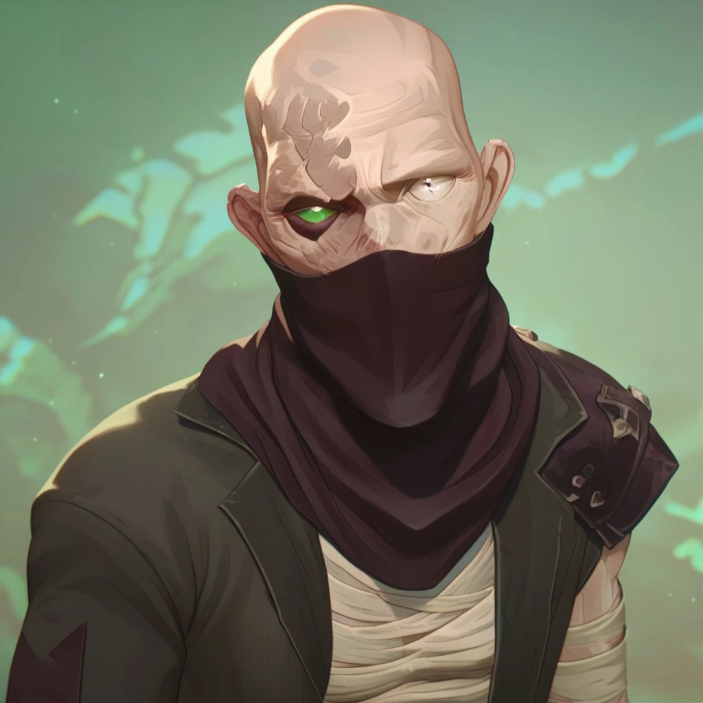 male focus, solo focus, solo, score_9, score_8_up, score_7_up, 1boy, ArcaneSingedV1, heterochromia, bandages, jacket, green eyes, shirt, scar, bald, bandama, mask