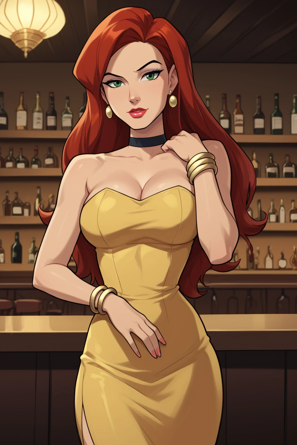 PonyXLV6_Scores BREAK <lora:add_details_xl:0.8>, (perfect anatomy, perfect eyes, cowboy shot) BREAK <lora:Jean_Grey:0.8> jean grey, long hair, red hair, green eyes, lipstick, makeup, flirting, raised eyebrow, ((looking at viewer)), jewelry, earrings, choker, dress, bracelets, large breasts, curvy, toned, athletic, sexually suggestive pose, standing at luxurious bar, indoors