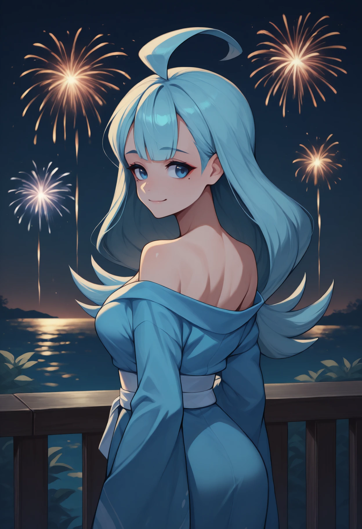 anime, masterpiece, best quality, <break> from behind, solo, 1girl, k4hili, mole under eye, slight smile, closed mouth, looking back, long hair, light blue hair, flipped hair, ahoge, blue eyes, japanese clothes, blue kimono, off shoulder, white sash, bare shoulders, outdoors, night, fireworks
<segment:yolo-Anzhc Face seg 640 v2 y8n.pt,0.4,0.5//cid=1>
