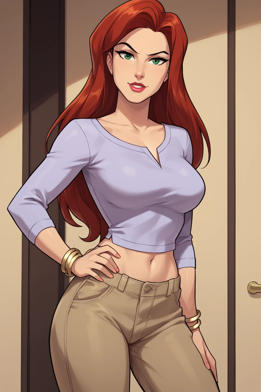 PonyXLV6_Scores BREAK (perfect anatomy, perfect eyes, cowboy shot) BREAK <lora:Jean_Grey:0.8> jean grey, long hair, red hair, green eyes, lipstick, flirting, raised eyebrow, ((looking at viewer)), midriff, jewelry, bracelet, pants, large breasts, curvy, toned, athletic, sexually suggestive, standing, hands on hip, indoors