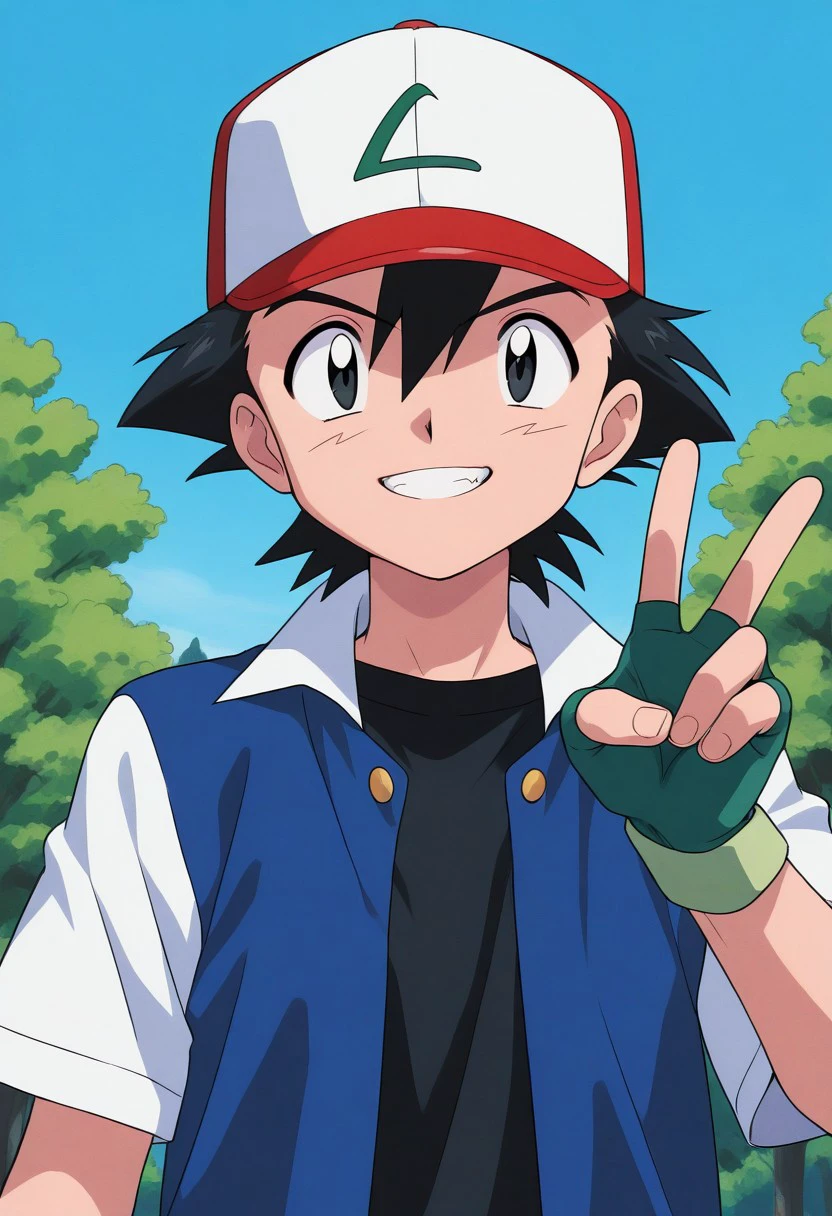 masterpiece, best quality, 
ashpk, 1boy, male focus, solo, black eyes, black hair, hair between eyes, hat, baseball cap, shirt, black shirt, multicolored clothes, multicolored jacket, jacket, blue jacket, white jacket, open jacket, open clothes, short sleeves, smile, grin, v sign,  gloves, green gloves, fingerless gloves,
outdoor, sky, day, tree, 1990s_(style)