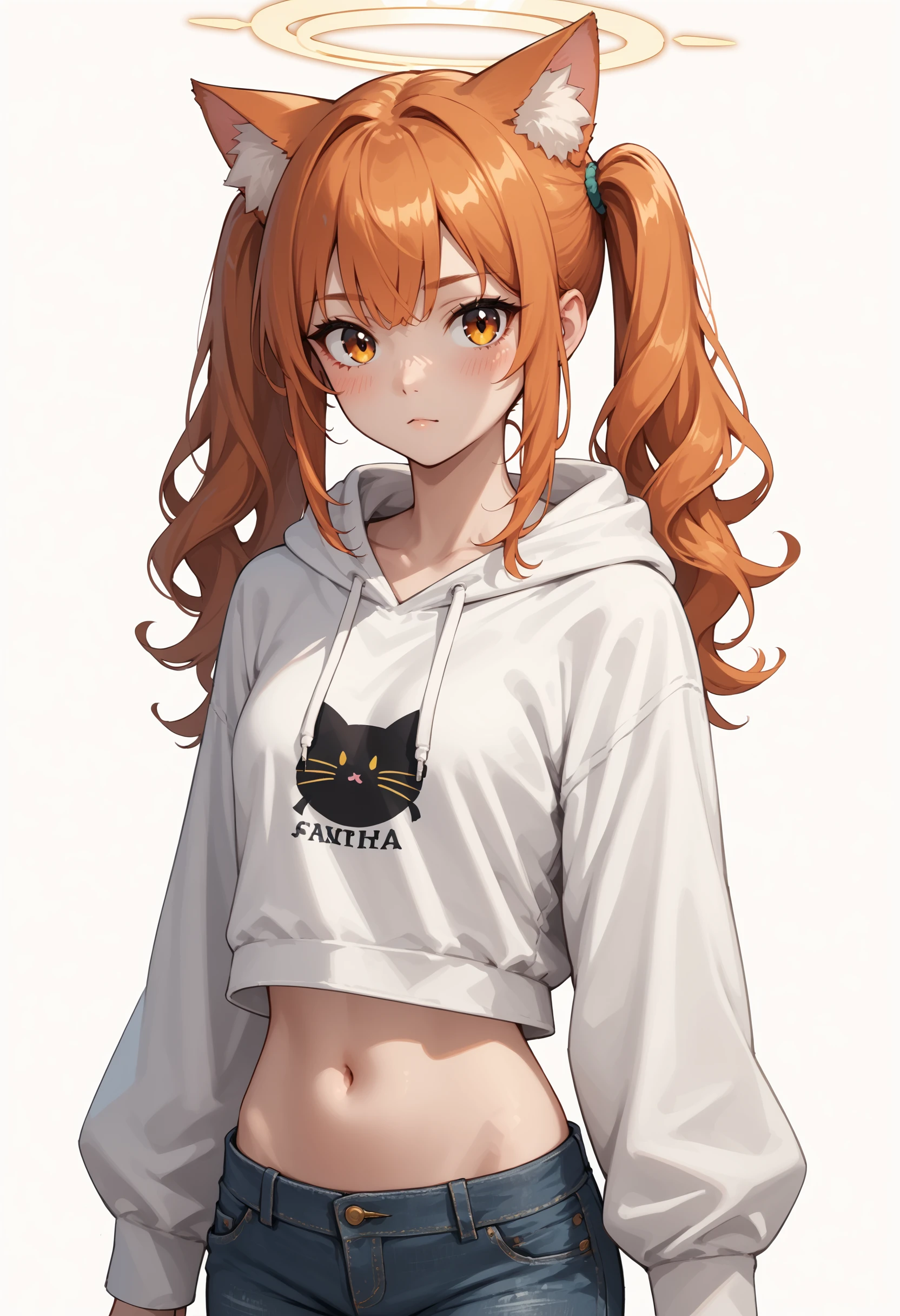 1girl, alternate costume, alternate hairstyle, animal ear fluff, animal ears, black pants, blush, casual, cat ears, denim, halo, hood, hoodie, jeans, long hair, looking at viewer, midriff, navel, orange hair, pants, simple background, solo, twintails, white background, white hoodie PonyXLV6_Scores